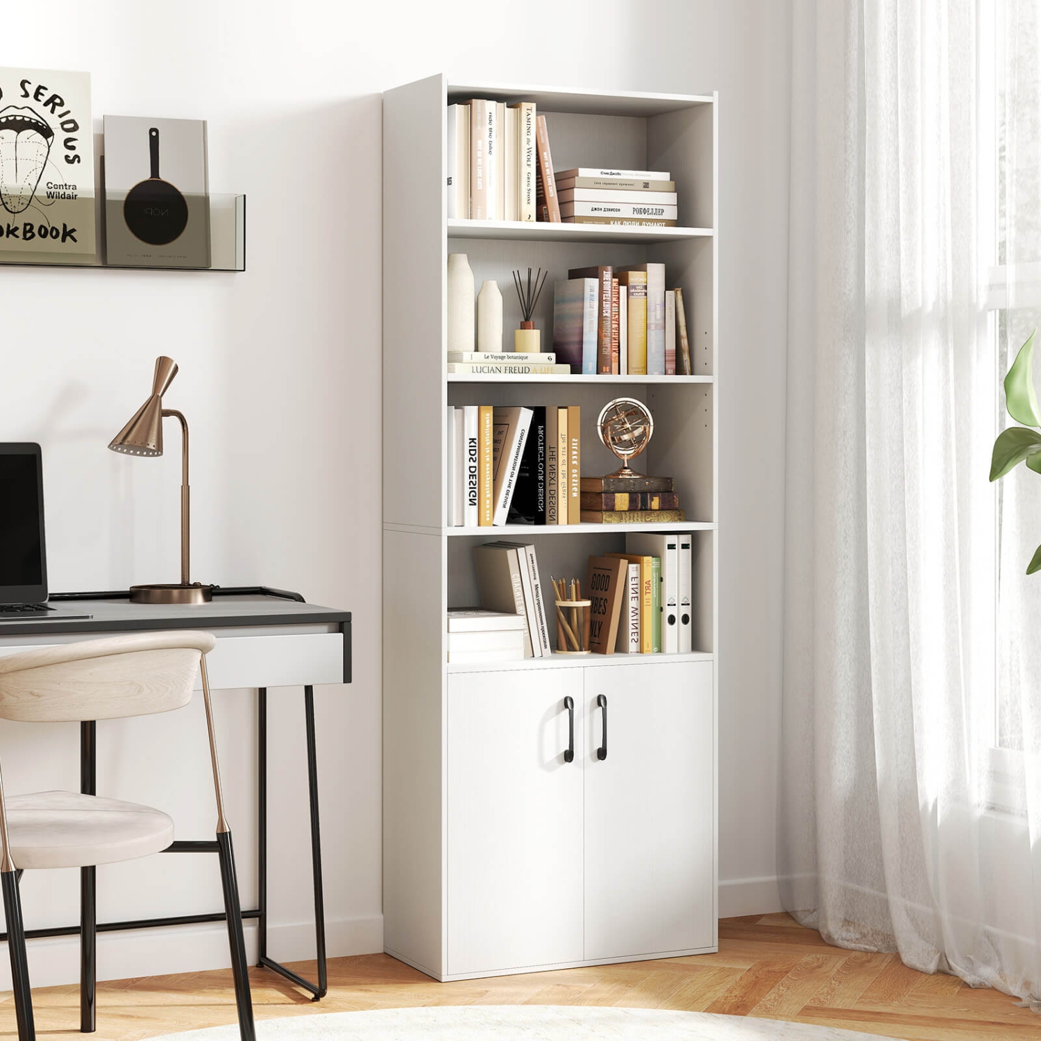 Costway 70" Bookcase with Adjustable Shelves with 2-Door Cabinet Multipurpose Display Rack White/Natural/Black/Gray