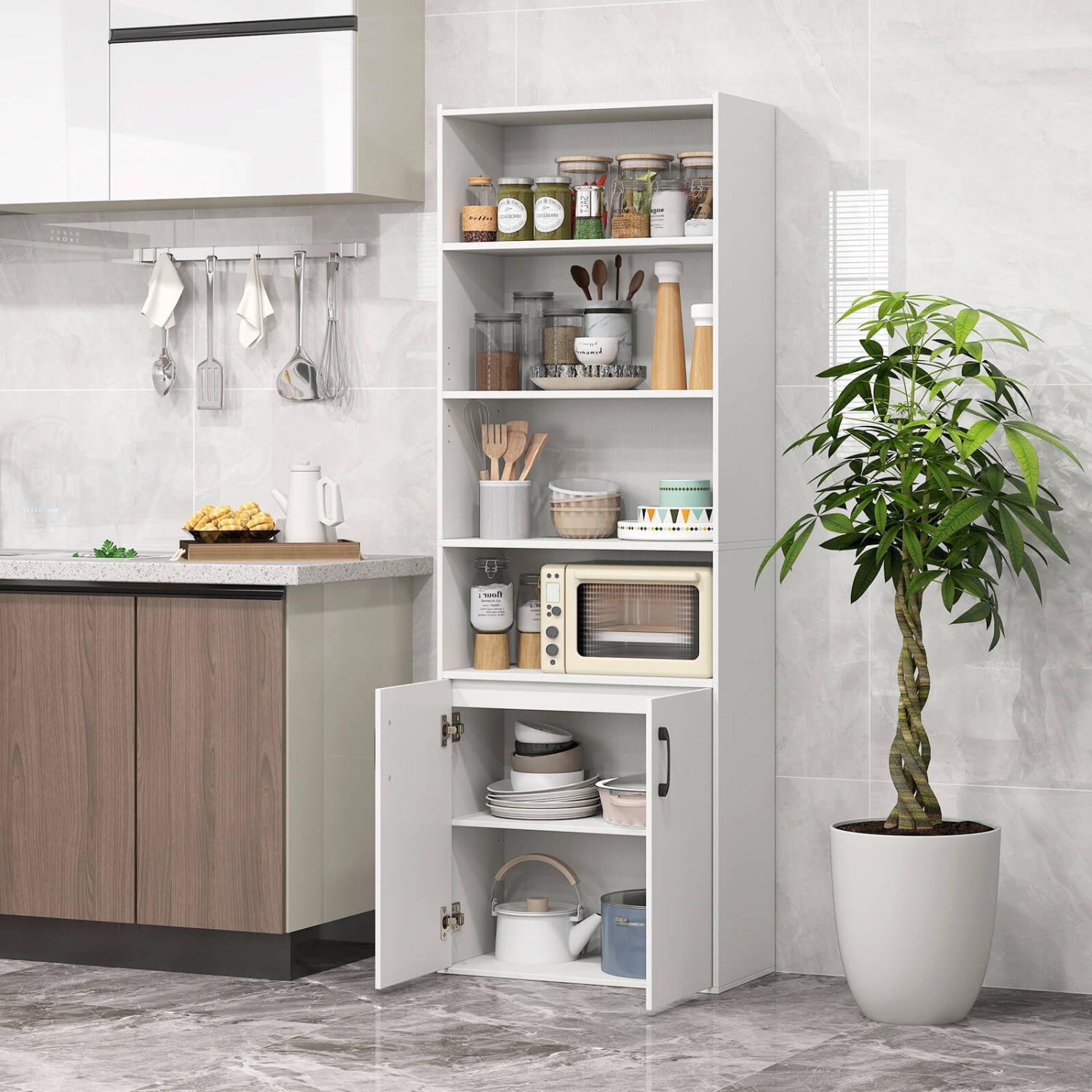 Costway 70" Bookcase with Adjustable Shelves with 2-Door Cabinet Multipurpose Display Rack White/Natural/Black/Gray