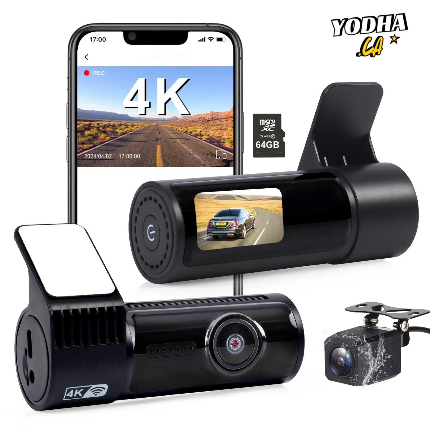 4K+1080P Dash Cam Front and Rear Camera, 64GB SD Card, App Control, 1.5" Display Dash Cam Front, Night Vision, G-Sensor, Loop Recording, 24/7 Parking