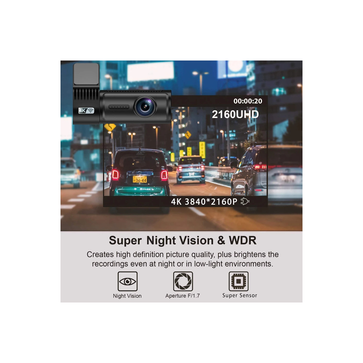 4K+1080P Dash Cam Front and Rear Camera, 64GB SD Card, App Control, 1.5" Display Dash Cam Front, Night Vision, G-Sensor, Loop Recording, 24/7 Parking