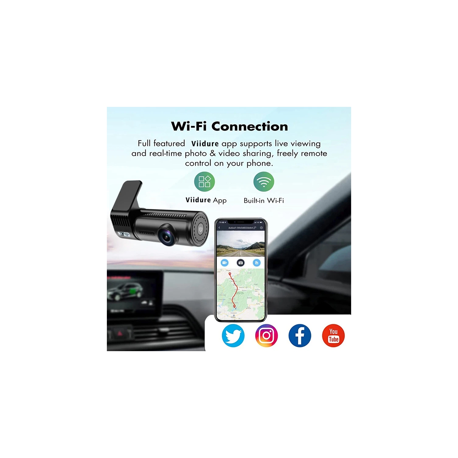 4K+1080P Dash Cam Front and Rear Camera, 64GB SD Card, App Control, 1.5" Display Dash Cam Front, Night Vision, G-Sensor, Loop Recording, 24/7 Parking