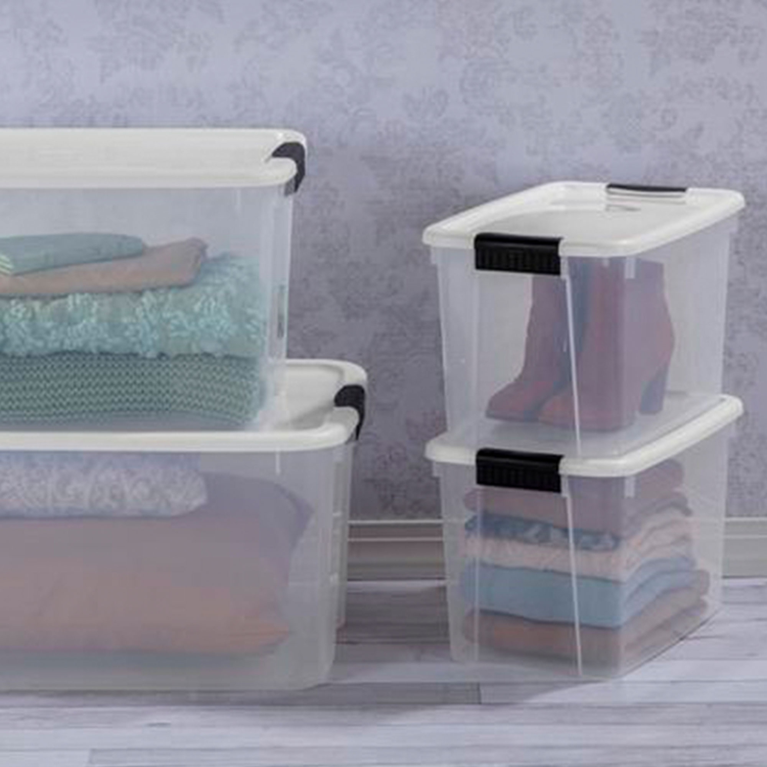 Sterilite 30 Qt Clear Plastic Stackable Storage Bin w/ Latch Lid, White
