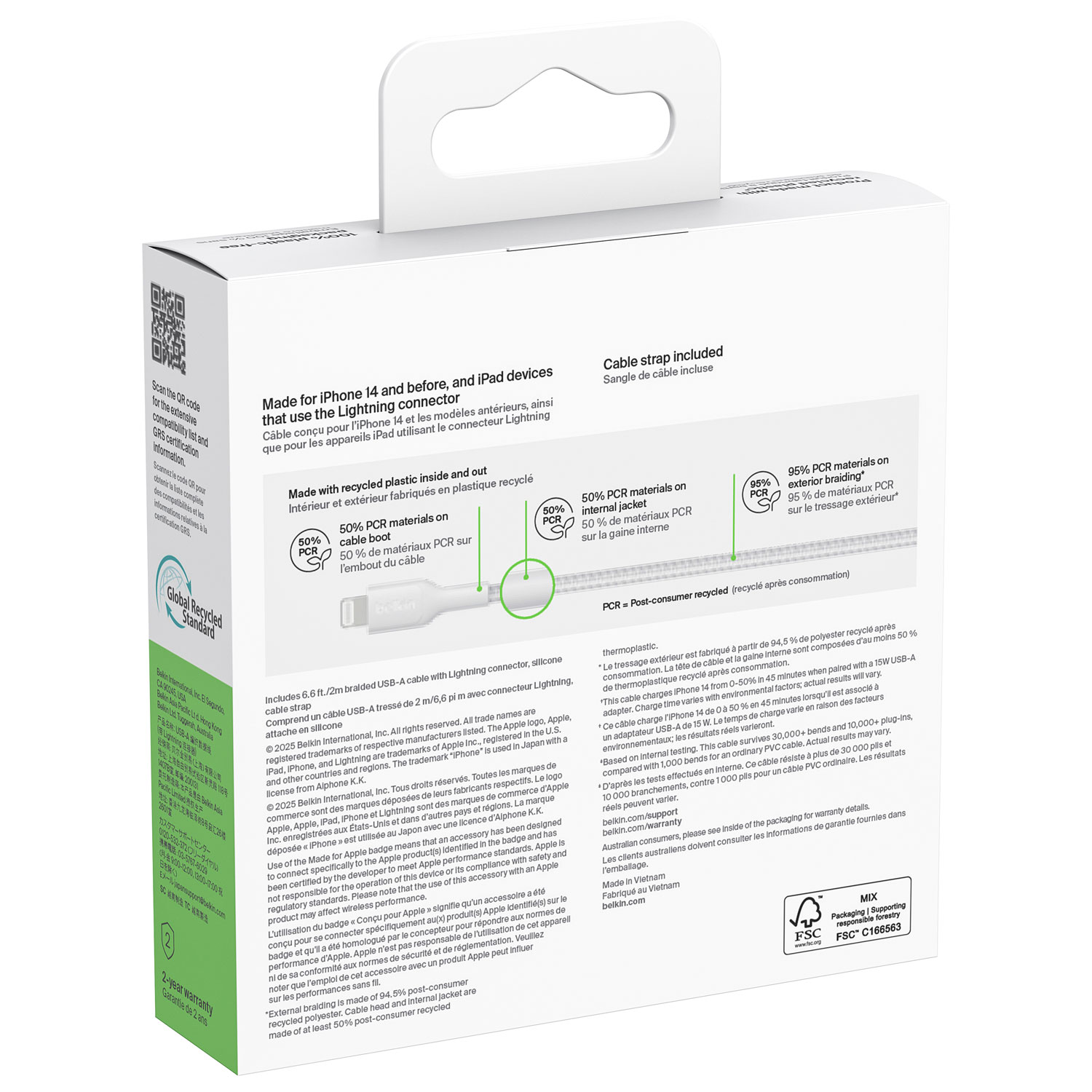 Câble tissé USB-A à Lightning de 2 m BoostCharge de Belkin - Blanc