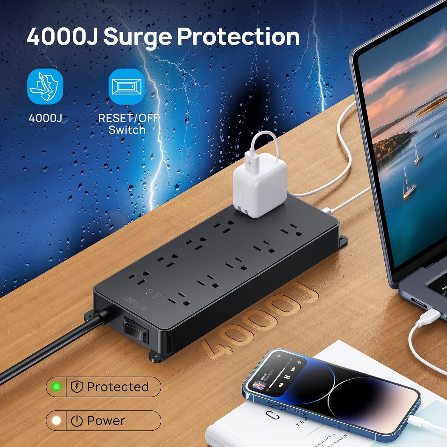 TROND Surge Protector Power Bar - 10 AC Outlets, 2 USB-C Ports, 4000 Joules Surge Protection, 5ft Flat Plug Extension Cord, Wall Mountable, Home and