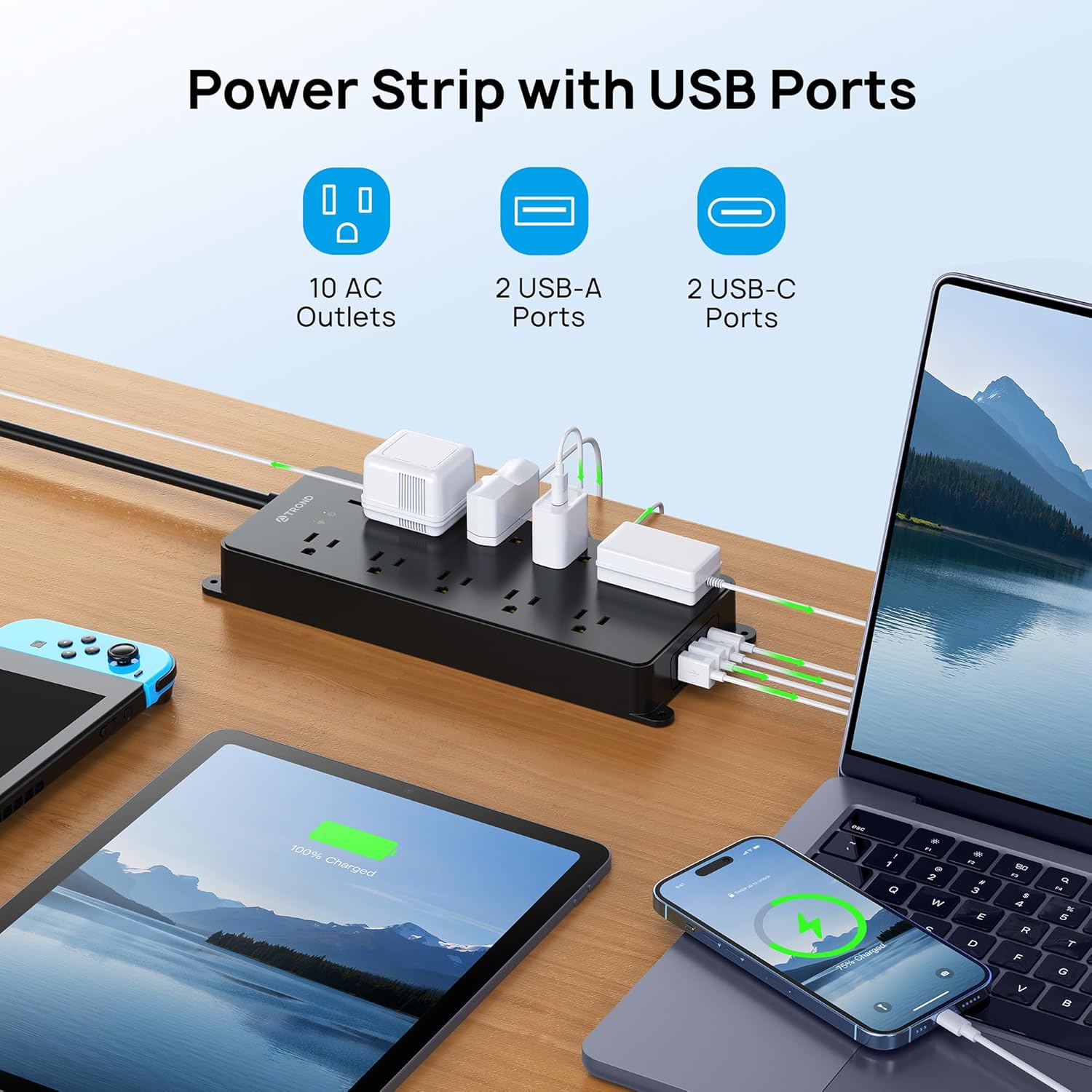 TROND Surge Protector Power Bar - 10 AC Outlets, 2 USB-C Ports, 4000 Joules Surge Protection, 5ft Flat Plug Extension Cord, Wall Mountable, Home and