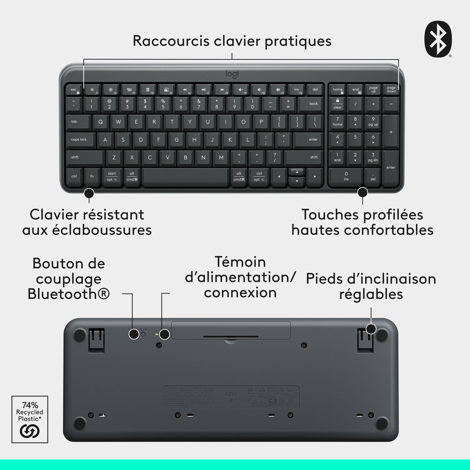 Clavier compact Bluetooth avec pavé numérique K250 de Logitech - Graphite - Anglais