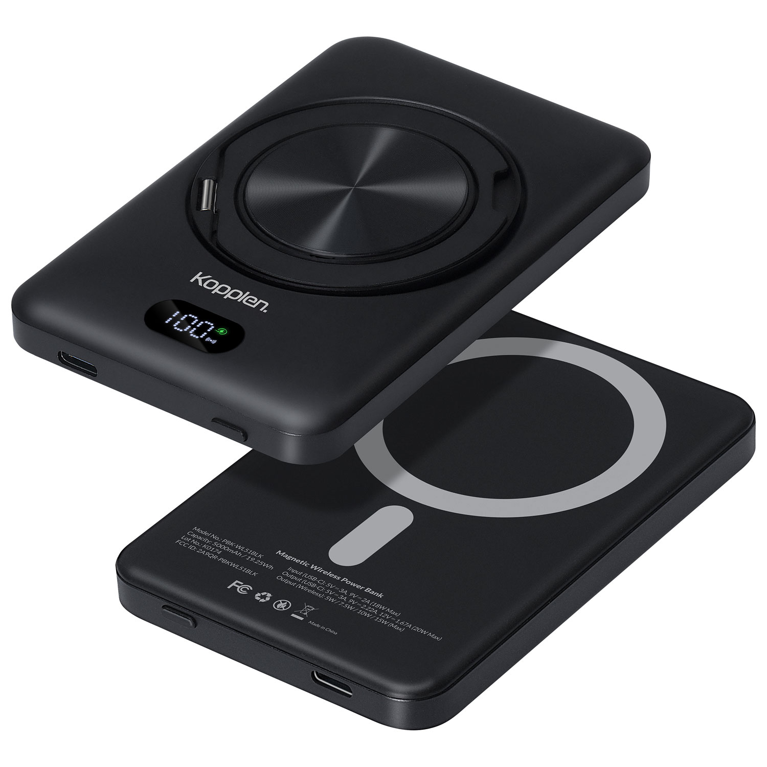 Kopplen 5000 mAh USB-C Power Bank with 15W Wireless Charger & Stand - Black