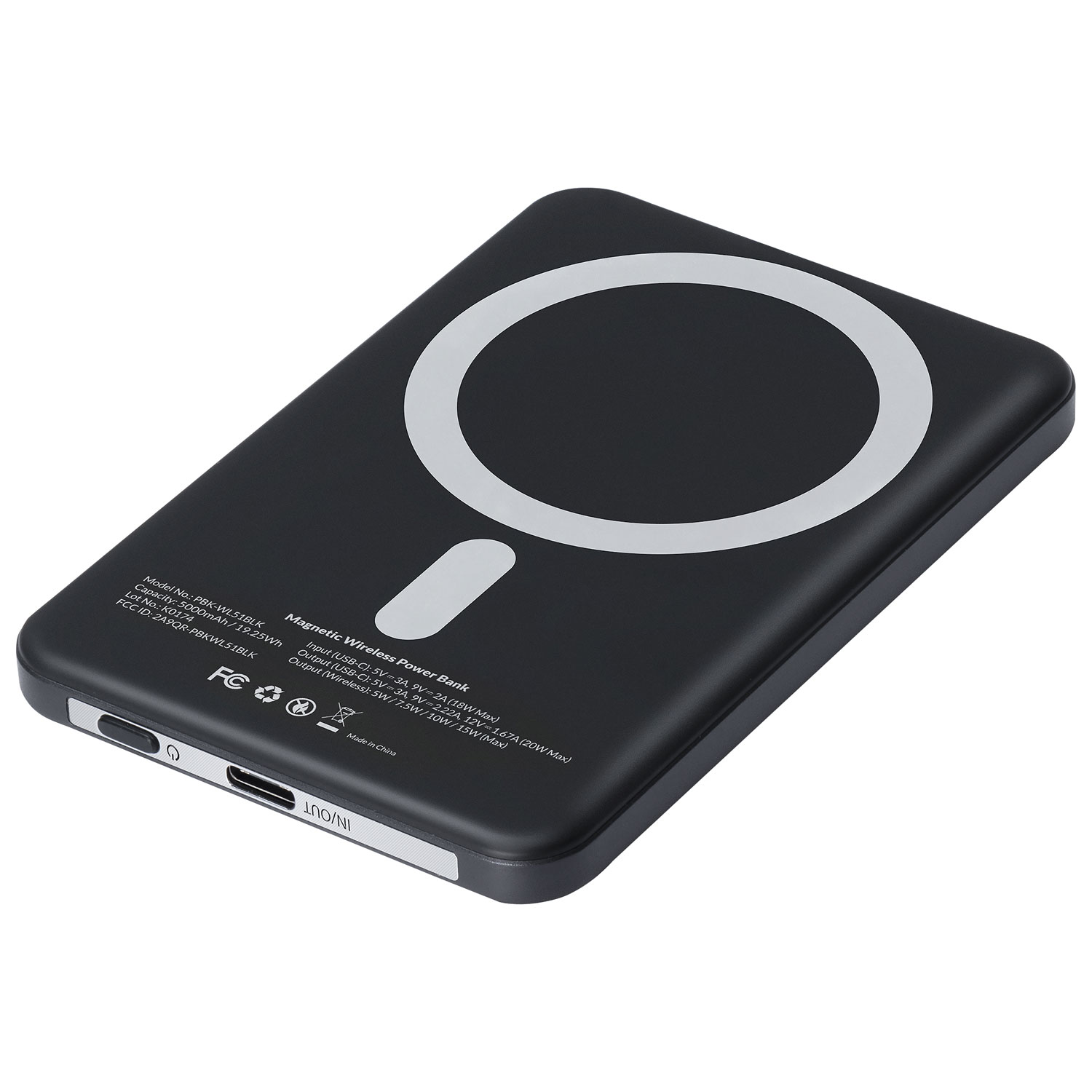 Chargeur portable compact USB-C 5000 mAh de Kopplen avec chargeur sans fil de 15 W - Noir