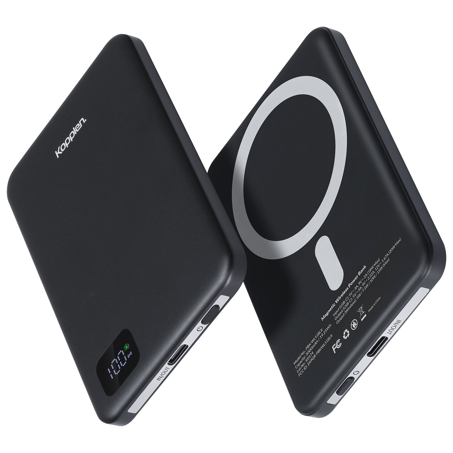 Chargeur portable compact USB-C 5000 mAh de Kopplen avec chargeur sans fil de 15 W - Noir