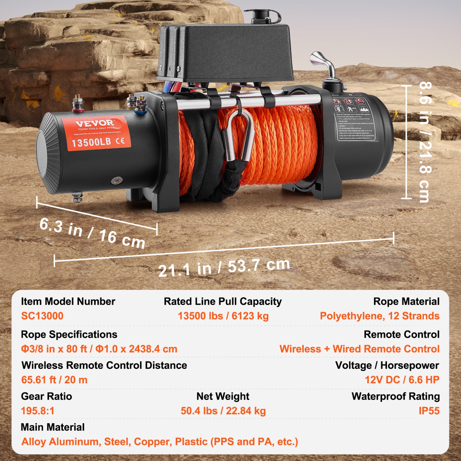 VEVOR 13,500 lb Electric Winch, 12V DC Truck Winch with 桅3/8 in x 80 ft Synthetic Rope Aluminum Fairlead Wireless & Wired Remote Control, IP55