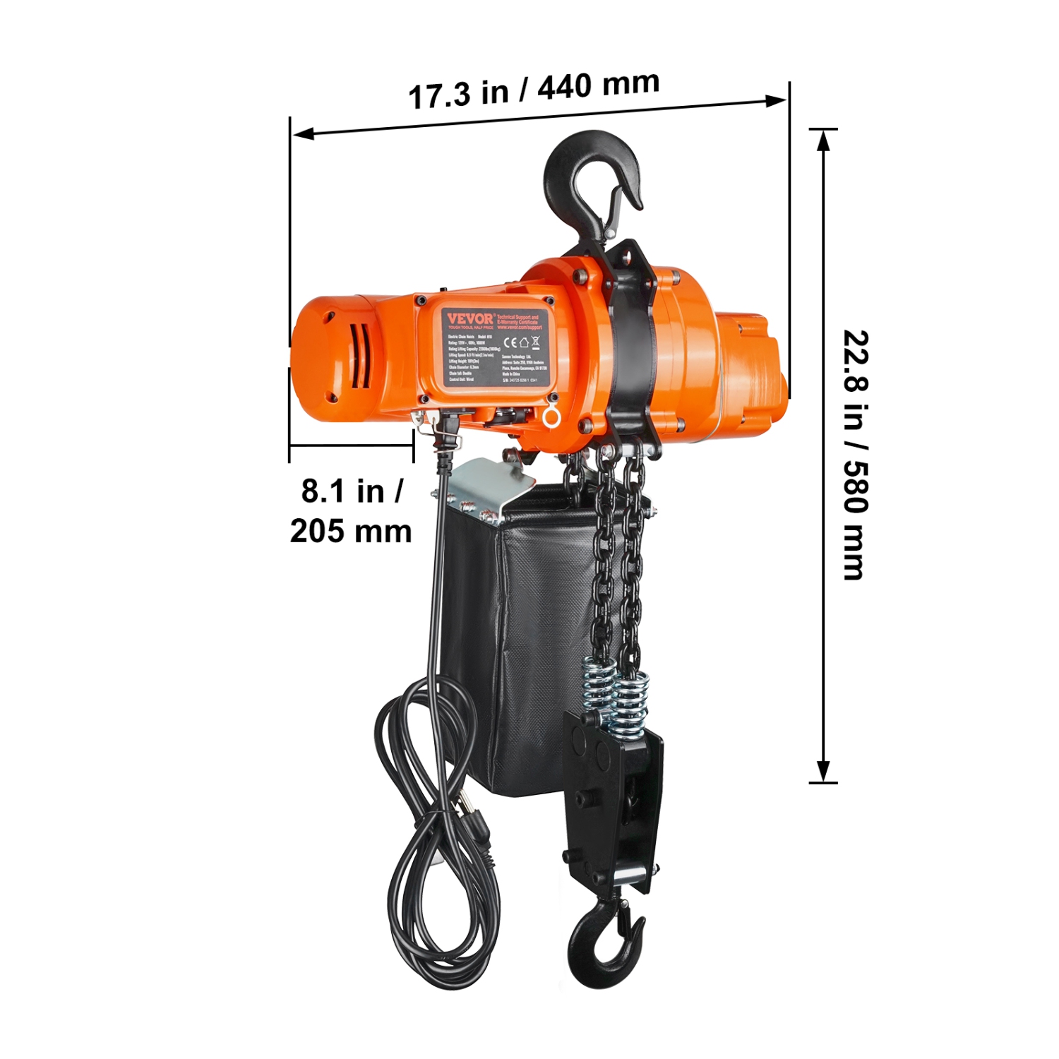 Palan à chaîne électrique VEVOR 2200&nbsp;lb, hauteur de levage 10&nbsp;pi, vitesse de 6.9&nbsp;pi/min, 120&nbsp;V, grue monophasée avec chaîne,