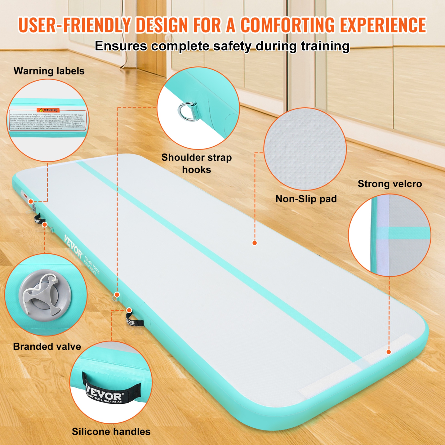 VEVOR 4 inch Thickness Gymnastics Air Mat, Inflatable Gymnastics Tumbling Mat, Tumble Track with Electric Pump, Training Mats for Home