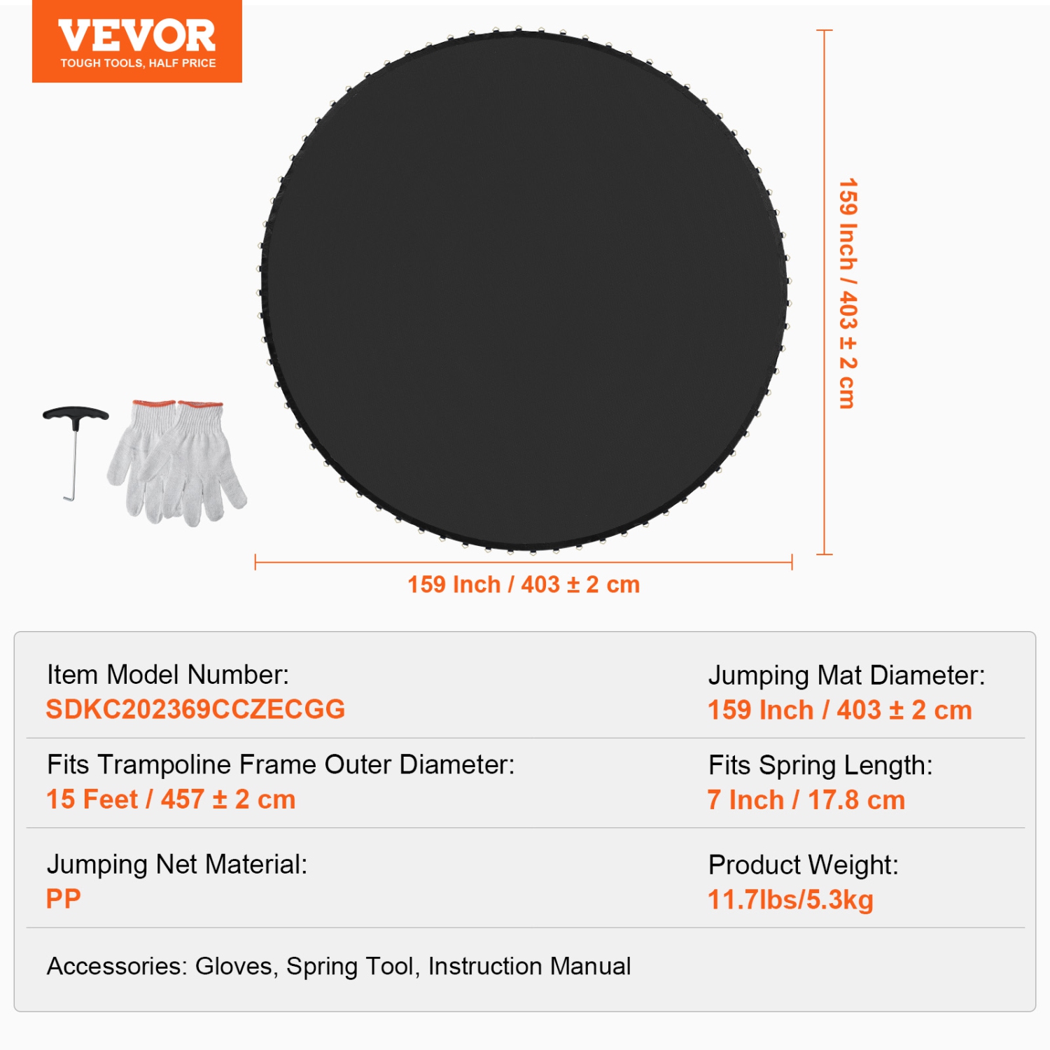 VEVOR 15ft Replacement Trampoline Mat, Universal Jumping Mat for 15ft Round Trampoline, Reinforce UV-Resistant Mat with Spring Tool & Durable