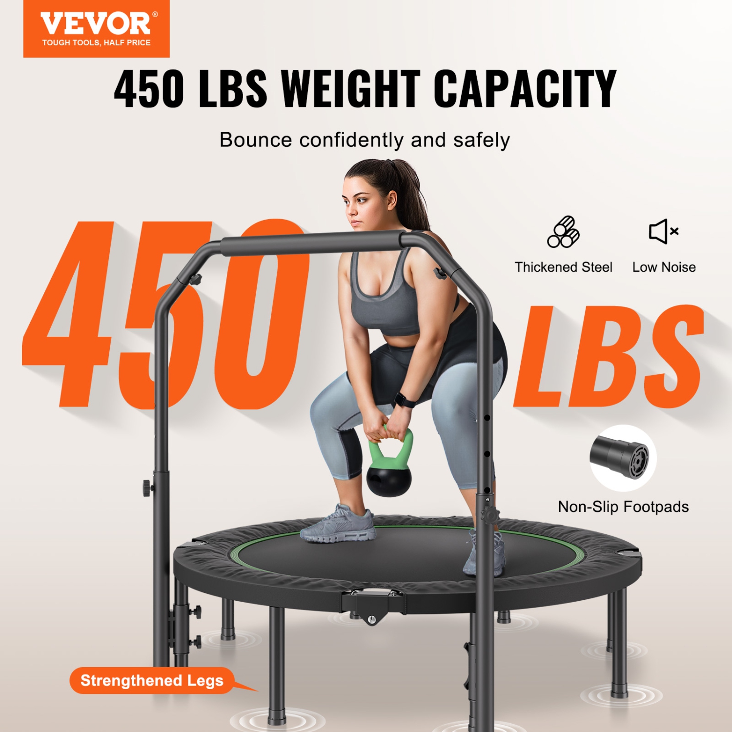 VEVOR 52 Inch Foldable Mini Trampoline, Fitness Rebounder, Max Load 450lbs Exercise Trampoline, Stable & Quiet Trampoline with 4 Level Height