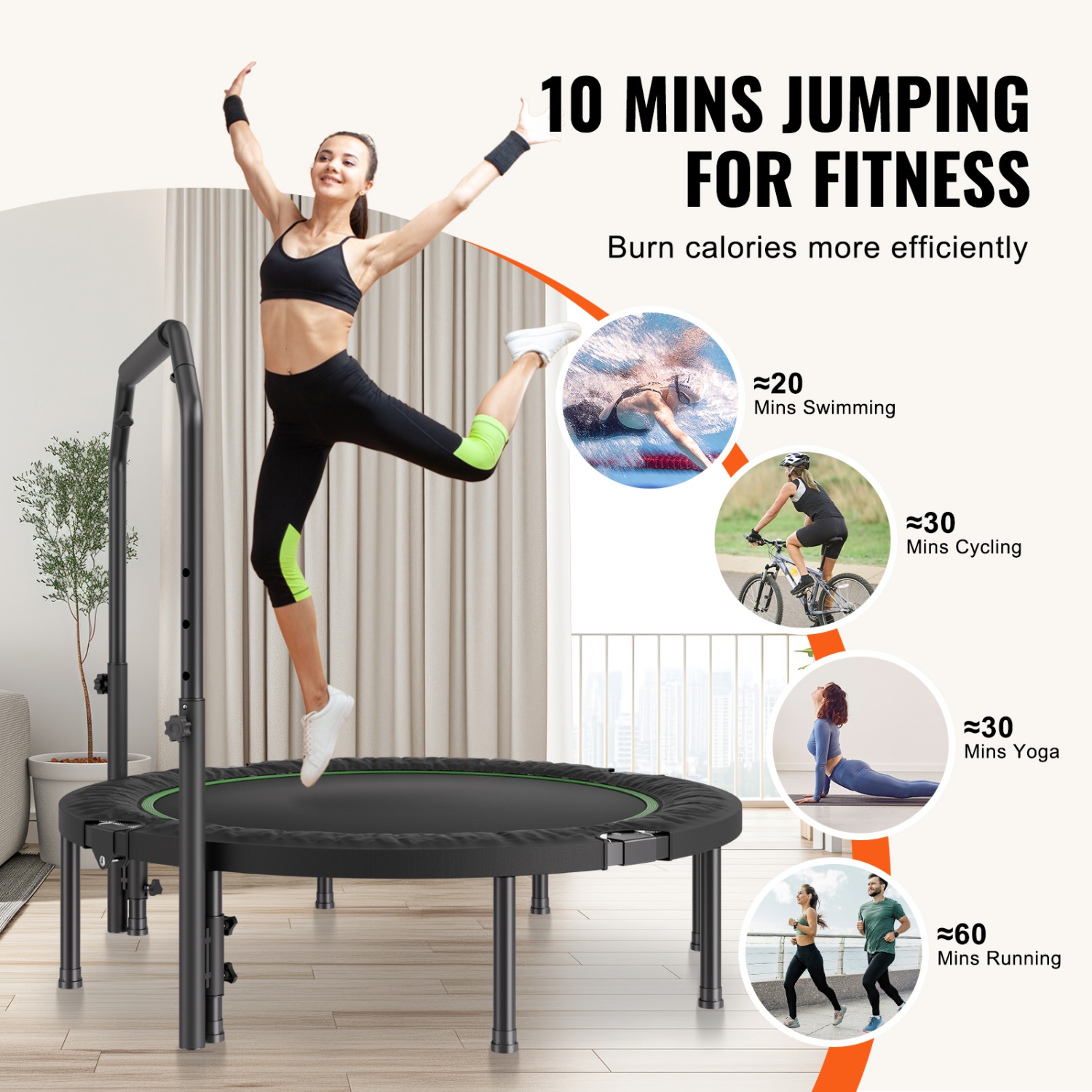 VEVOR 52 Inch Foldable Mini Trampoline, Fitness Rebounder, Max Load 450lbs Exercise Trampoline, Stable & Quiet Trampoline with 4 Level Height