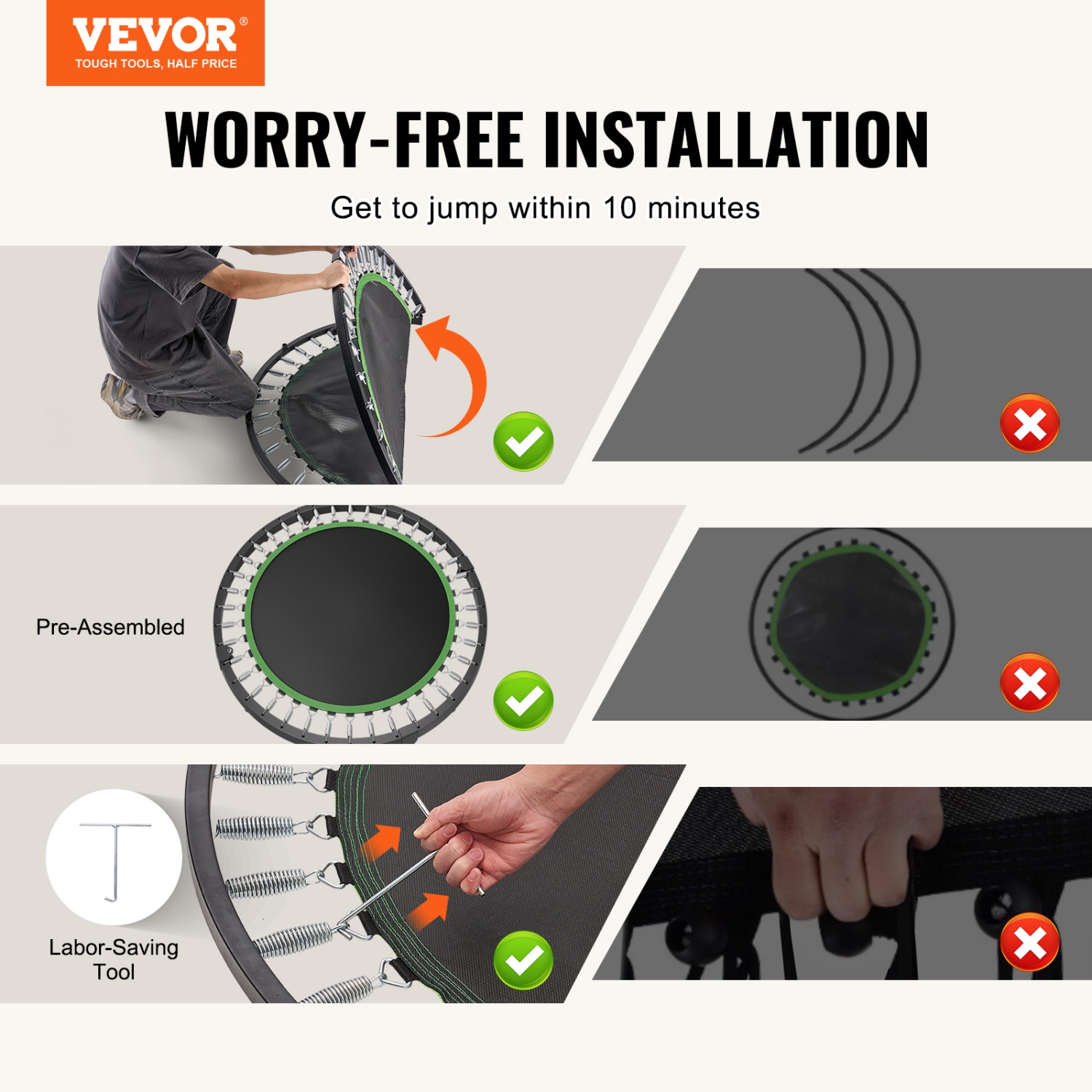 VEVOR 52 Inch Foldable Mini Trampoline, Fitness Rebounder, Max Load 450lbs Exercise Trampoline, Stable & Quiet Trampoline with 4 Level Height