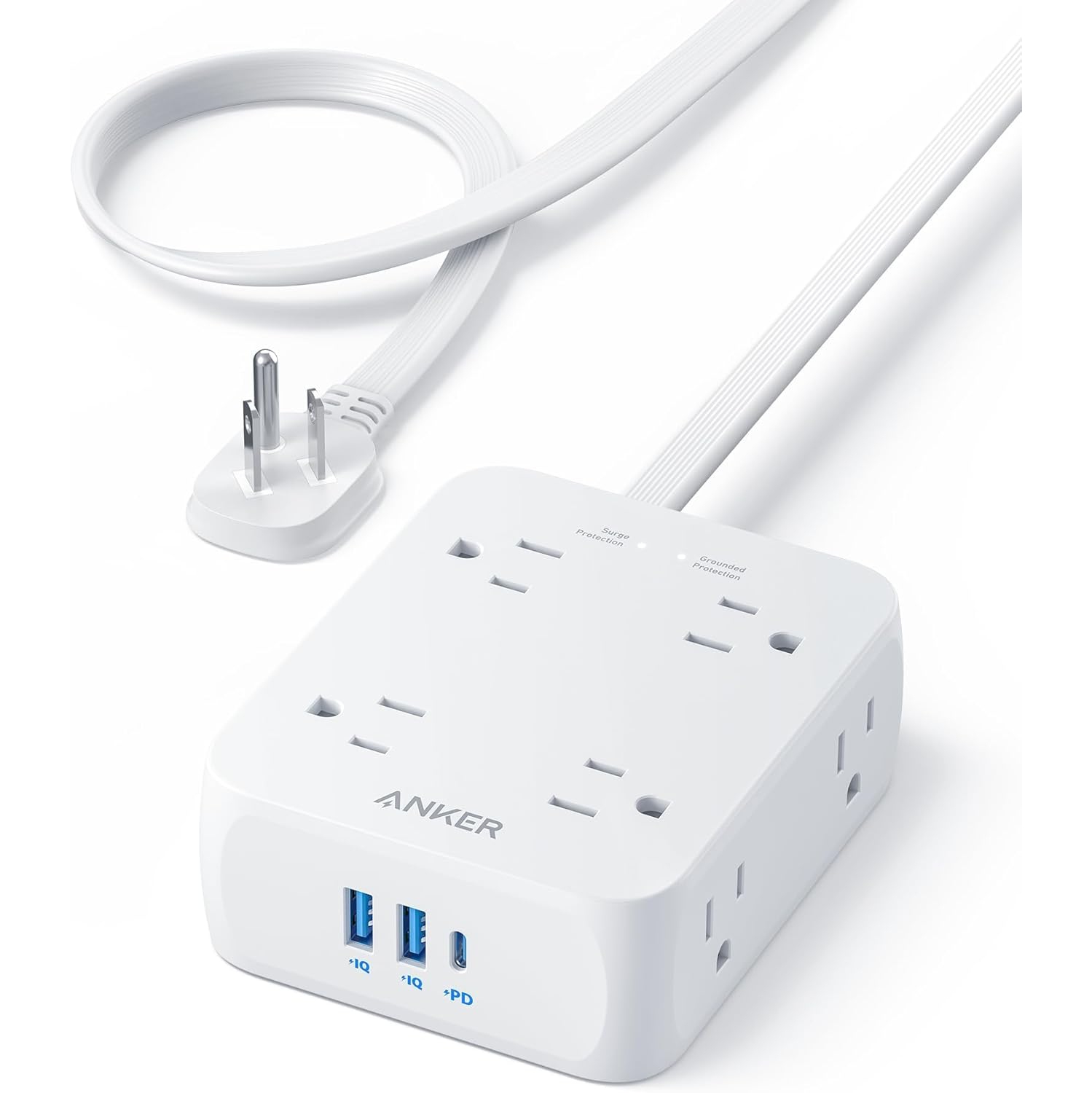 Parasurtenseur d'Anker – Barre d'alimentation à prise plate - Protection 2000J, 8 prises, 2 ports USB-A, 1 port USB-C, 5&nbsp;pi rallonge USB Montage