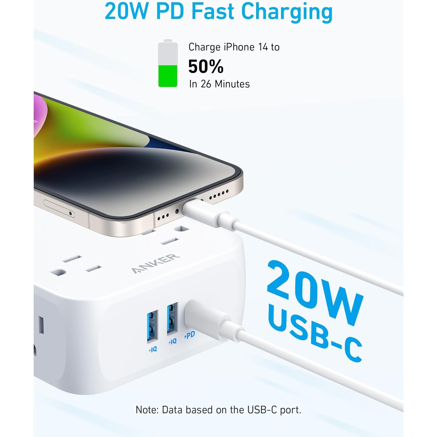 Parasurtenseur d'Anker – Barre d'alimentation à prise plate - Protection 2000J, 8 prises, 2 ports USB-A, 1 port USB-C, 5&nbsp;pi rallonge USB Montage