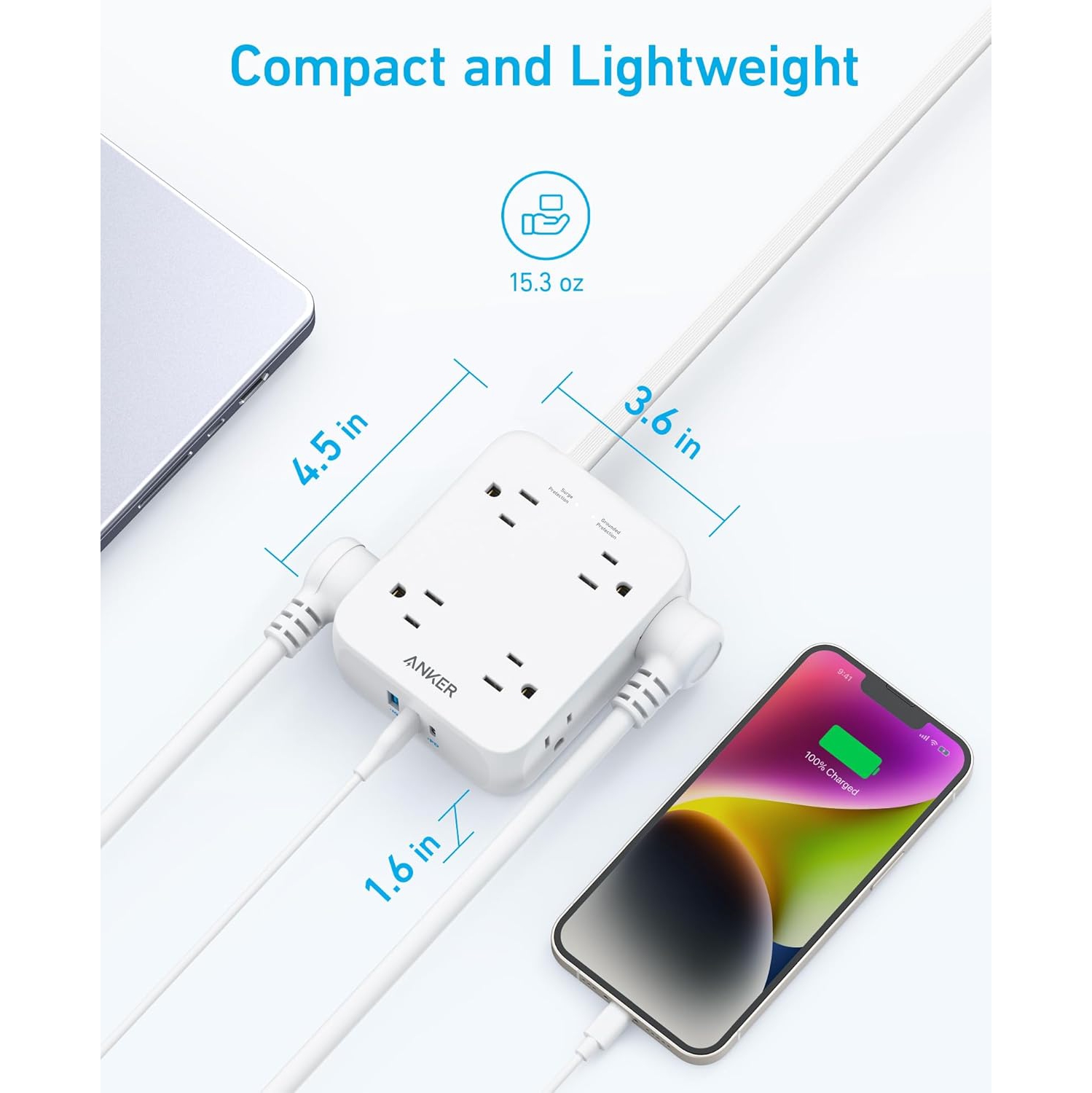 Parasurtenseur d'Anker – Barre d'alimentation à prise plate - Protection 2000J, 8 prises, 2 ports USB-A, 1 port USB-C, 5&nbsp;pi rallonge USB Montage