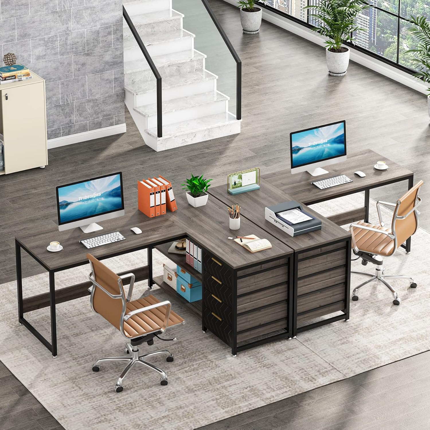 Tribesigns – Bureau d'ordinateur en L avec tiroirs de rangement, bureau en coin 59&nbsp;po avec tablettes, table d'étude