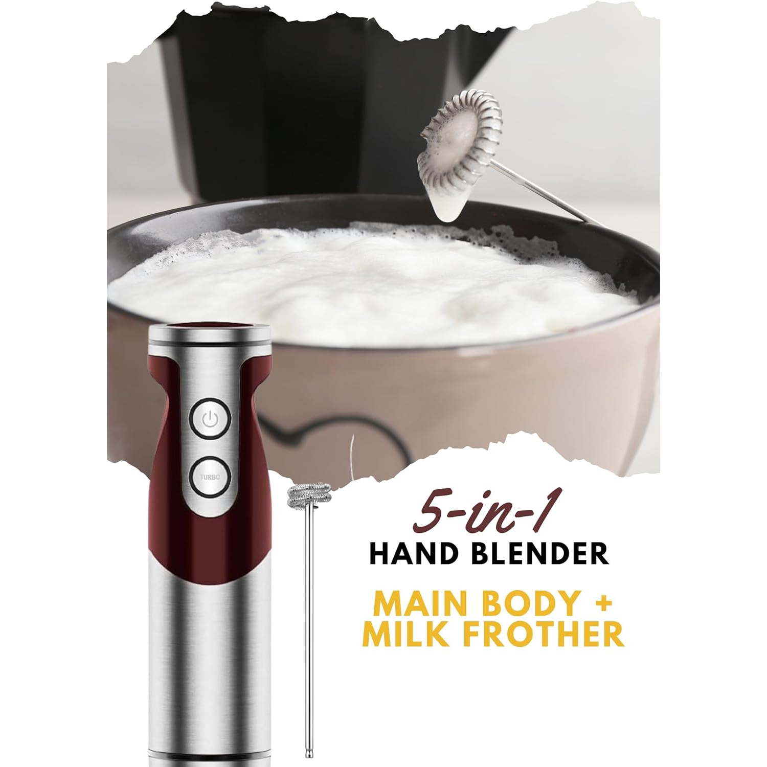 Mélangeur à main à immersion MEGAWISE – Mélangeur à main 5-en-1 avec moteur entièrement en cuivre, 12 vitesses, puissance 1000&nbsp;W, récipient