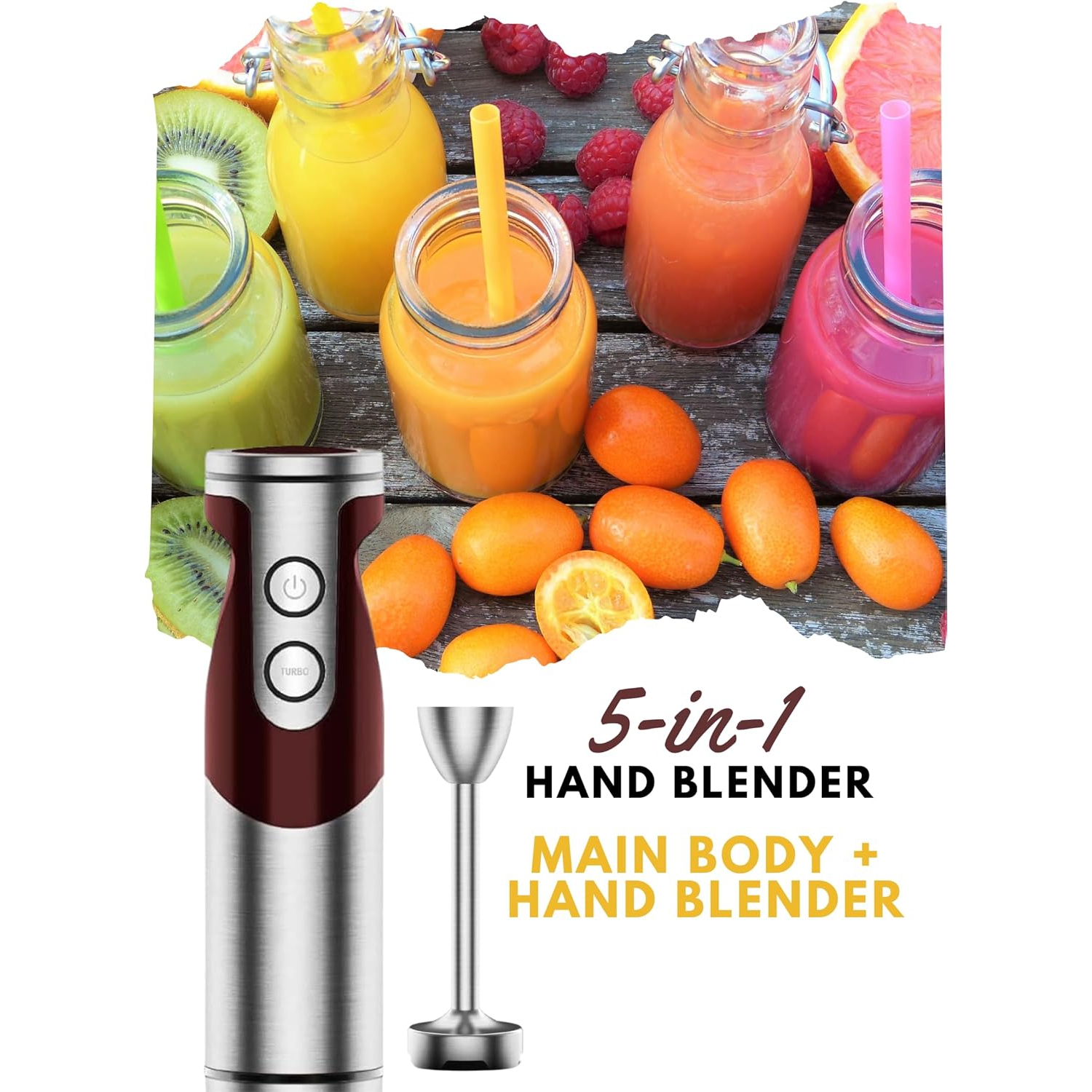 Mélangeur à main à immersion MEGAWISE – Mélangeur à main 5-en-1 avec moteur entièrement en cuivre, 12 vitesses, puissance 1000&nbsp;W, récipient