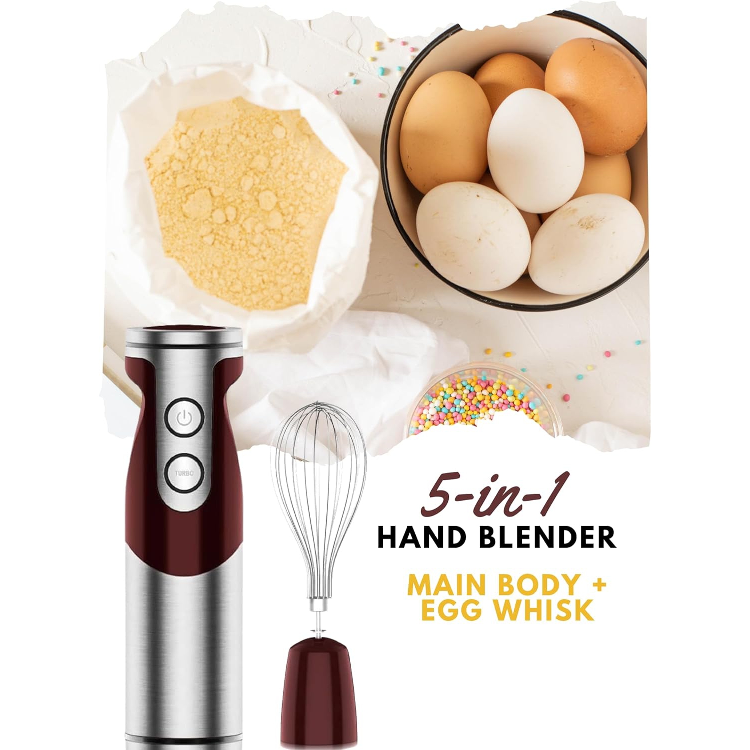 Mélangeur à main à immersion MEGAWISE – Mélangeur à main 5-en-1 avec moteur entièrement en cuivre, 12 vitesses, puissance 1000&nbsp;W, récipient