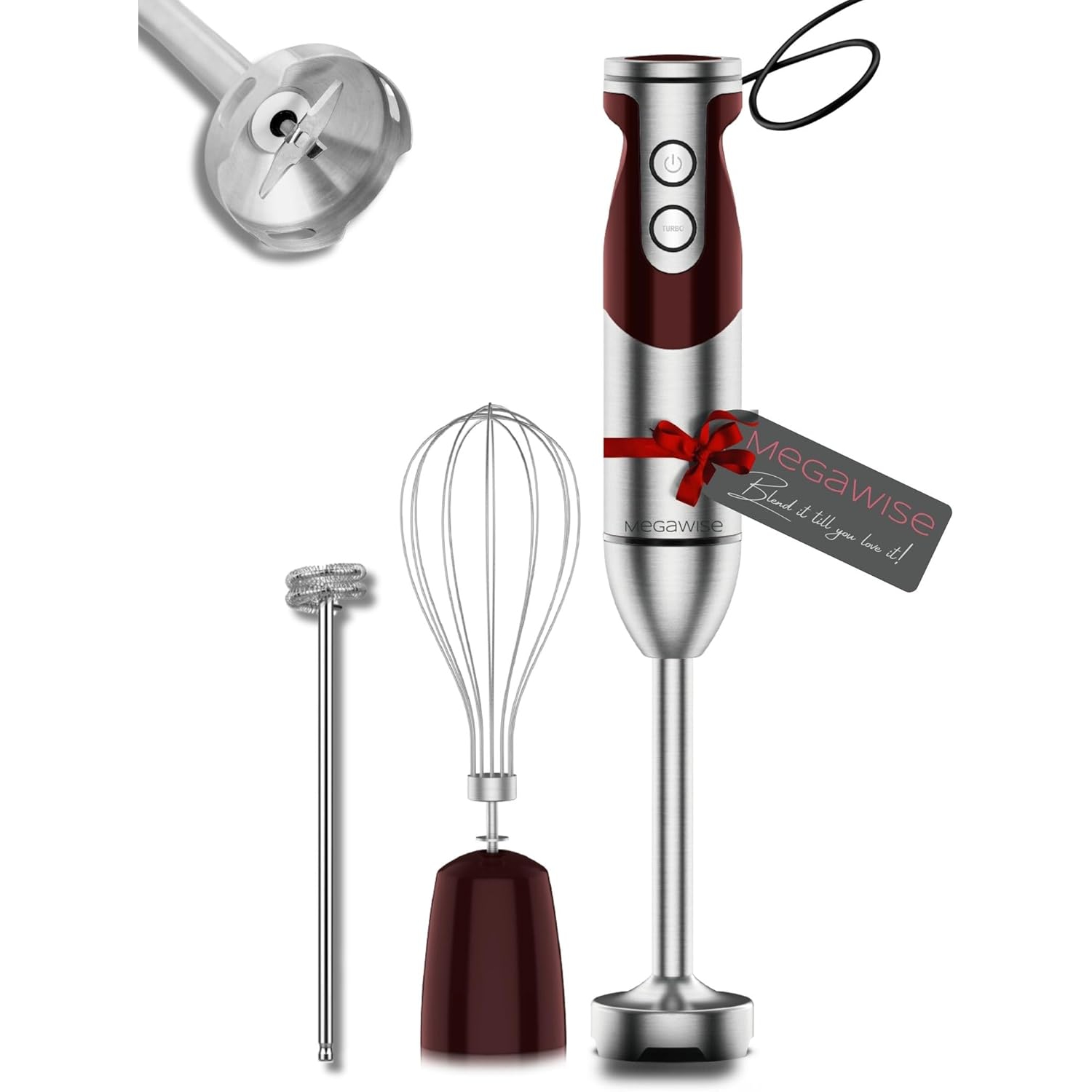 MegaWise Pro Titanium Reinforced 3-in-1 Immersion Corded Hand Blender - 1000W Motor, 12-Speed Corded Blender with Whisk and Milk Frother