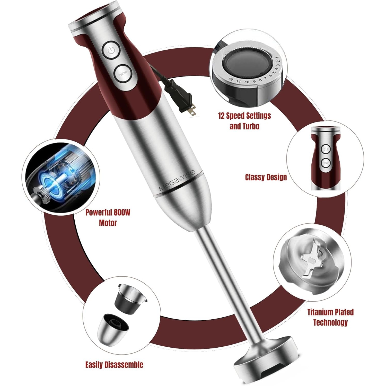 MegaWise Pro Titanium Reinforced 3-in-1 Immersion Corded Hand Blender - 1000W Motor, 12-Speed Corded Blender with Whisk and Milk Frother