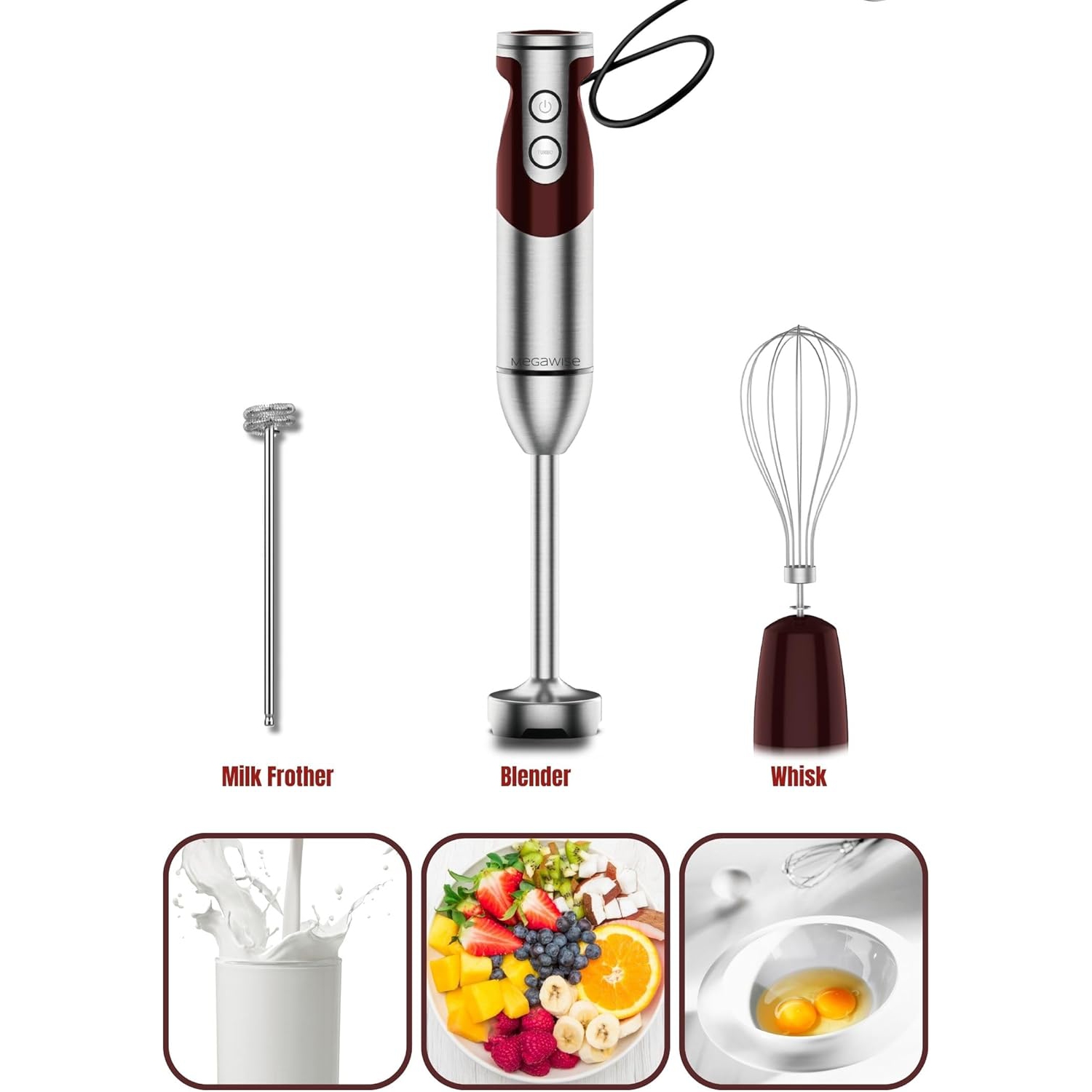 MegaWise Pro Titanium Reinforced 3-in-1 Immersion Corded Hand Blender - 1000W Motor, 12-Speed Corded Blender with Whisk and Milk Frother