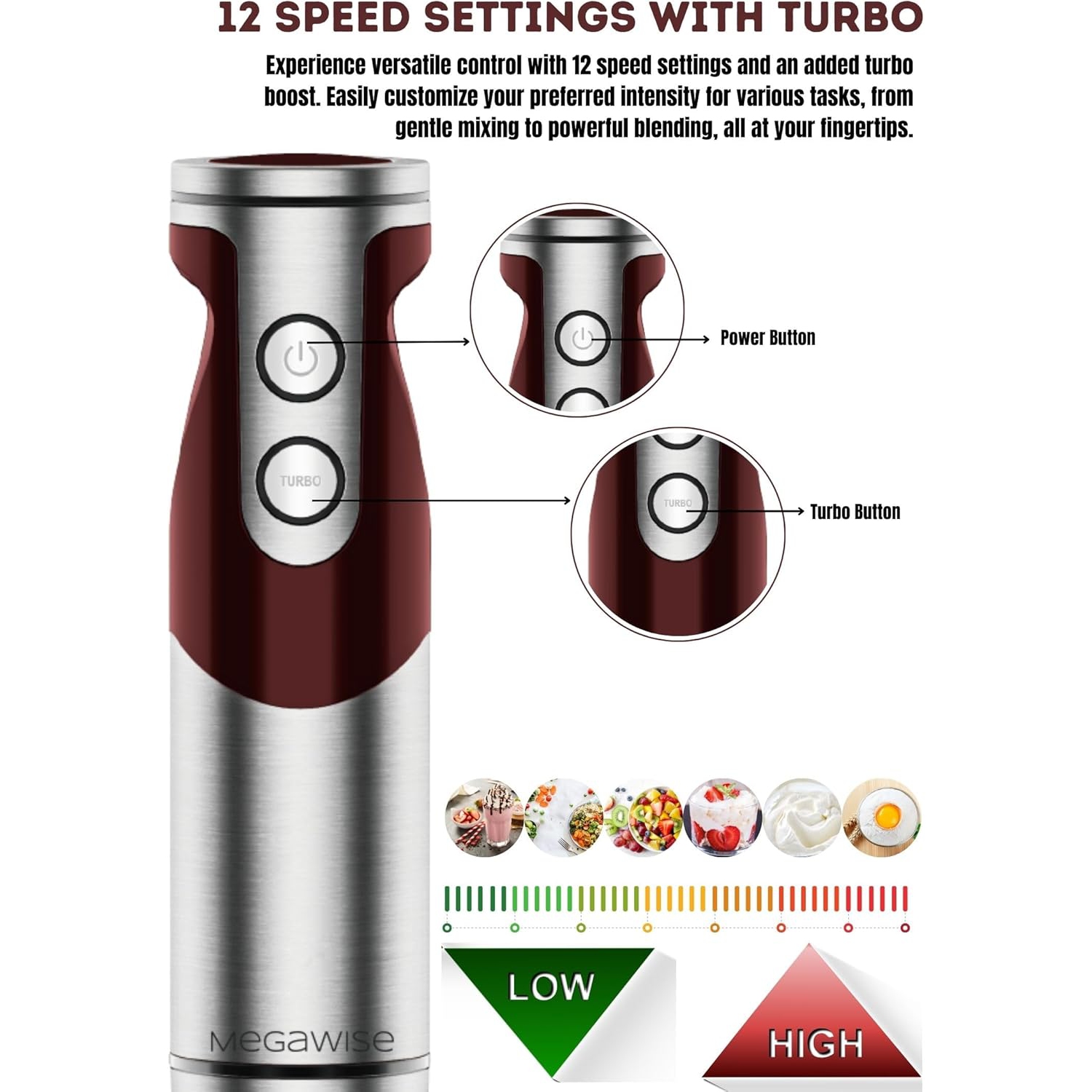 MegaWise Pro Titanium Reinforced 3-in-1 Immersion Corded Hand Blender - 1000W Motor, 12-Speed Corded Blender with Whisk and Milk Frother