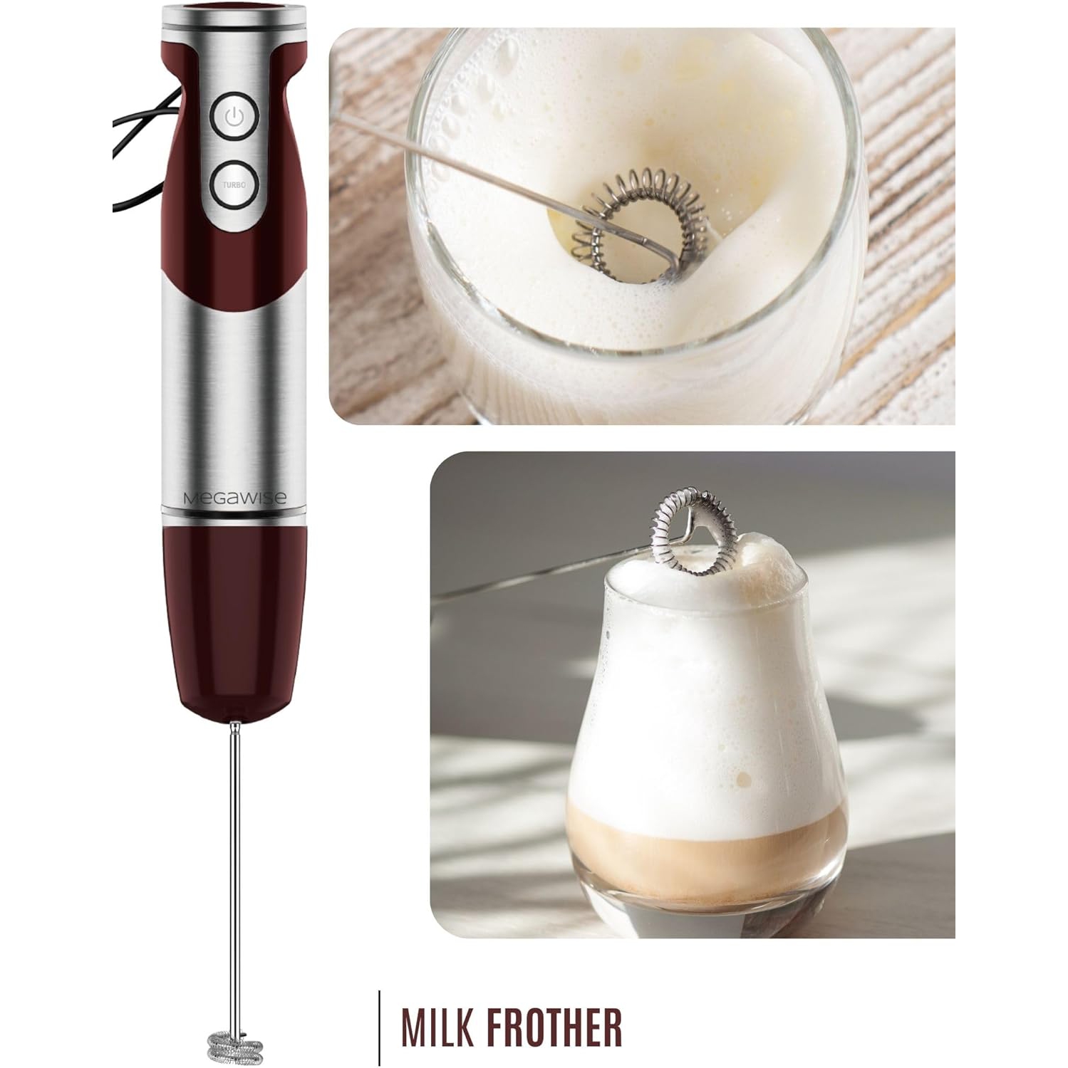 MegaWise Pro Titanium Reinforced 3-in-1 Immersion Corded Hand Blender - 1000W Motor, 12-Speed Corded Blender with Whisk and Milk Frother