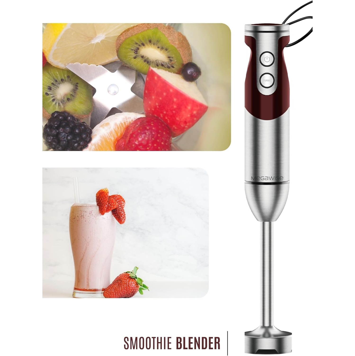 MegaWise Pro Titanium Reinforced 3-in-1 Immersion Corded Hand Blender - 1000W Motor, 12-Speed Corded Blender with Whisk and Milk Frother