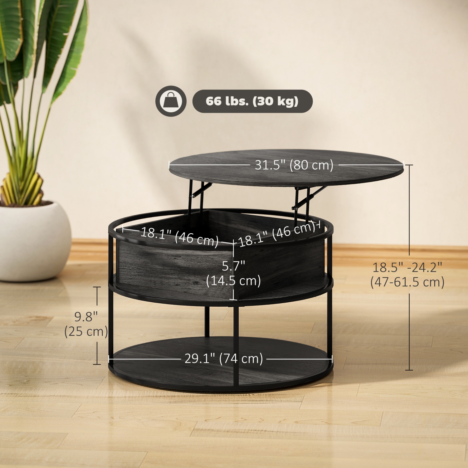 HOMCOM – Table basse ronde à dessus relevable avec tablette de rangement, compartiment dissimulé et cadre en acier pour salon, bureau à domicile,