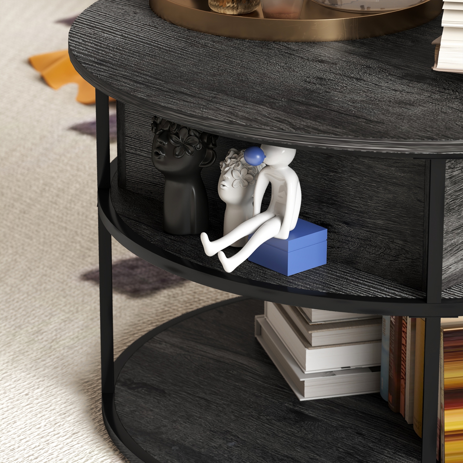 HOMCOM – Table basse ronde à dessus relevable avec tablette de rangement, compartiment dissimulé et cadre en acier pour salon, bureau à domicile,