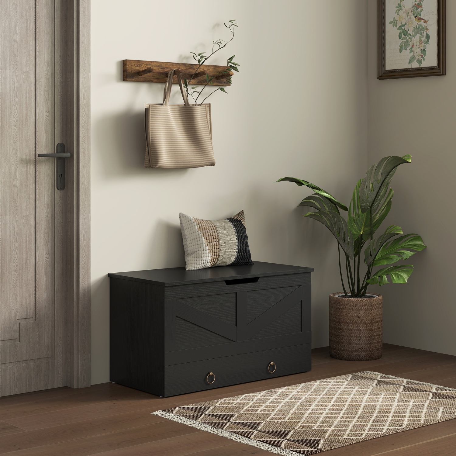 HOMCOM – Coffre de rangement avec tiroir, coffre de rangement avec 2 charnières de sécurité et poignée découpée en U, boîte en bois pour salon,