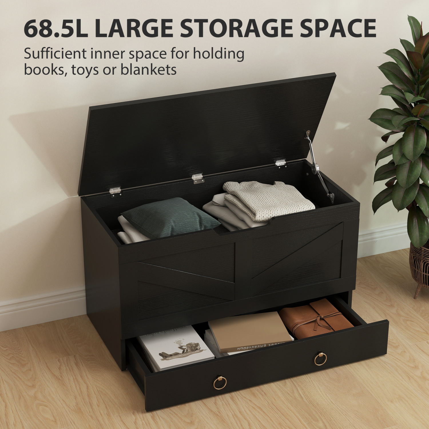 HOMCOM – Coffre de rangement avec tiroir, coffre de rangement avec 2 charnières de sécurité et poignée découpée en U, boîte en bois pour salon,