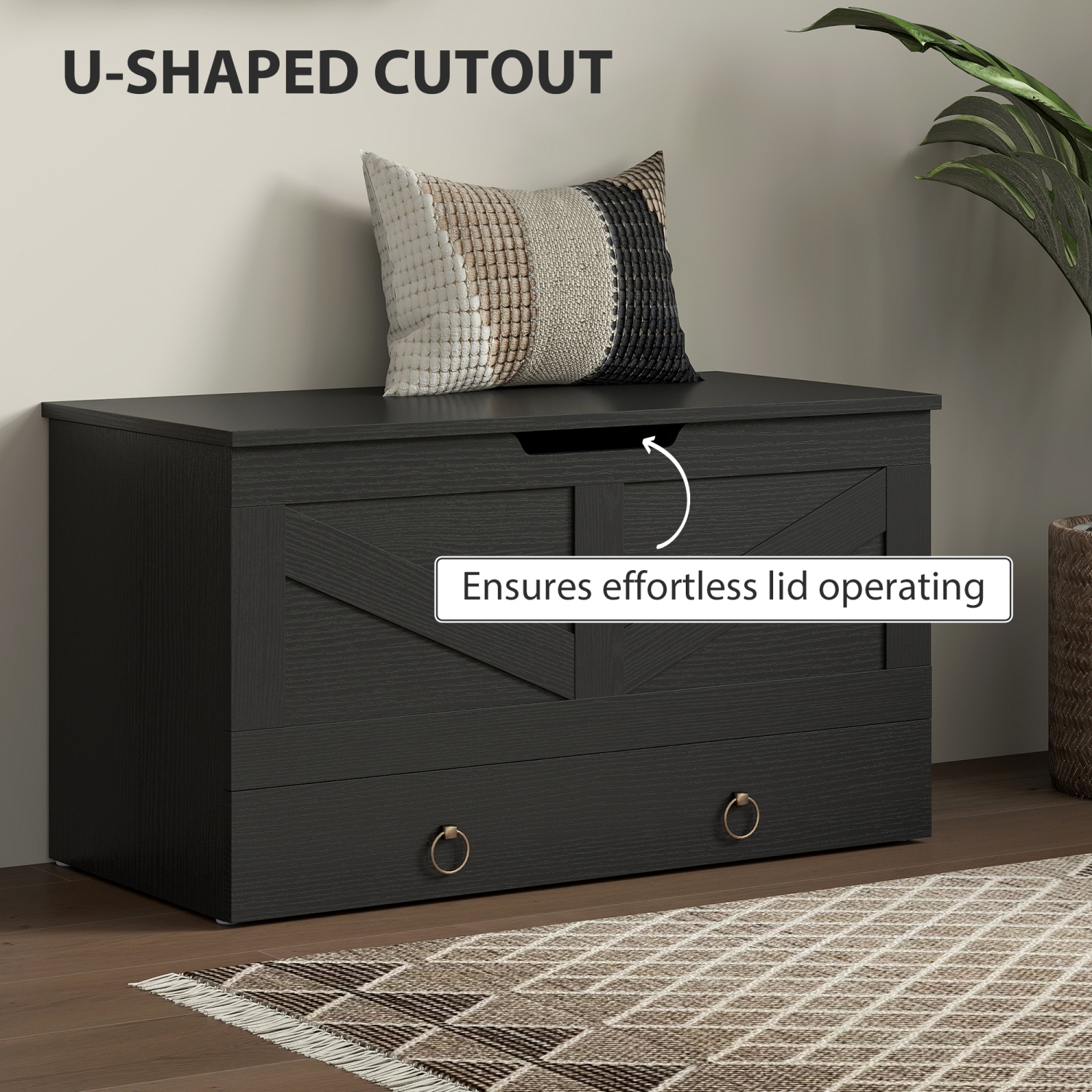 HOMCOM – Coffre de rangement avec tiroir, coffre de rangement avec 2 charnières de sécurité et poignée découpée en U, boîte en bois pour salon,