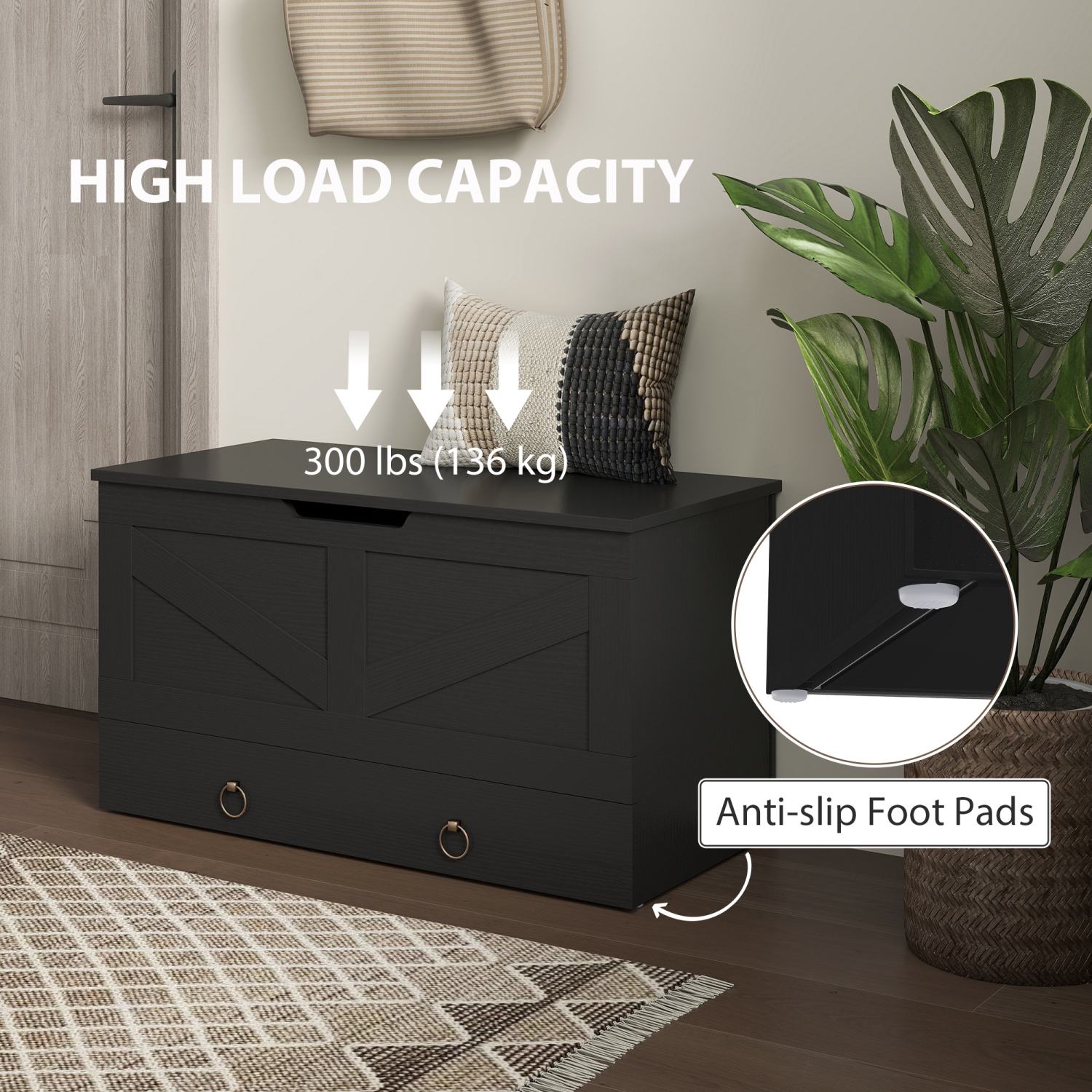 HOMCOM – Coffre de rangement avec tiroir, coffre de rangement avec 2 charnières de sécurité et poignée découpée en U, boîte en bois pour salon,