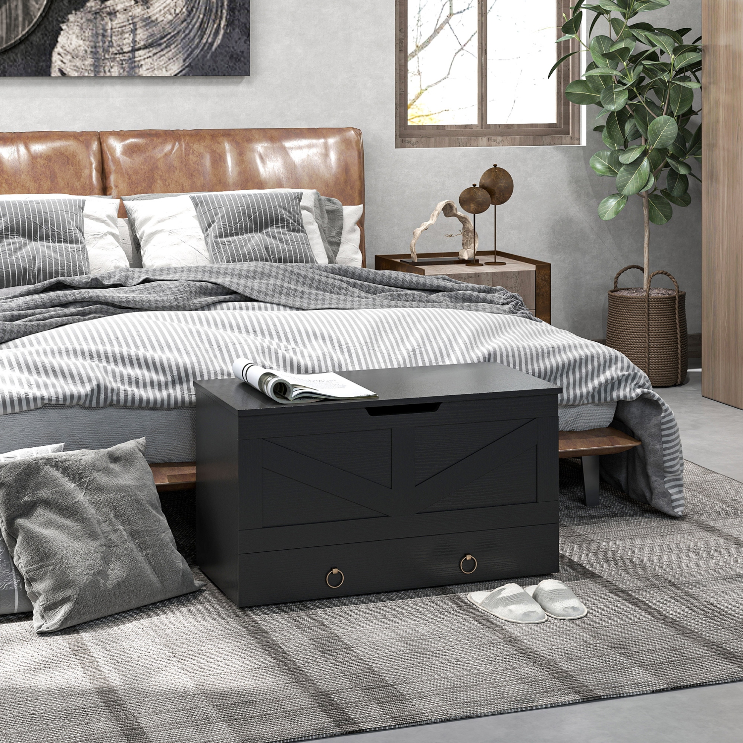 HOMCOM – Coffre de rangement avec tiroir, coffre de rangement avec 2 charnières de sécurité et poignée découpée en U, boîte en bois pour salon,