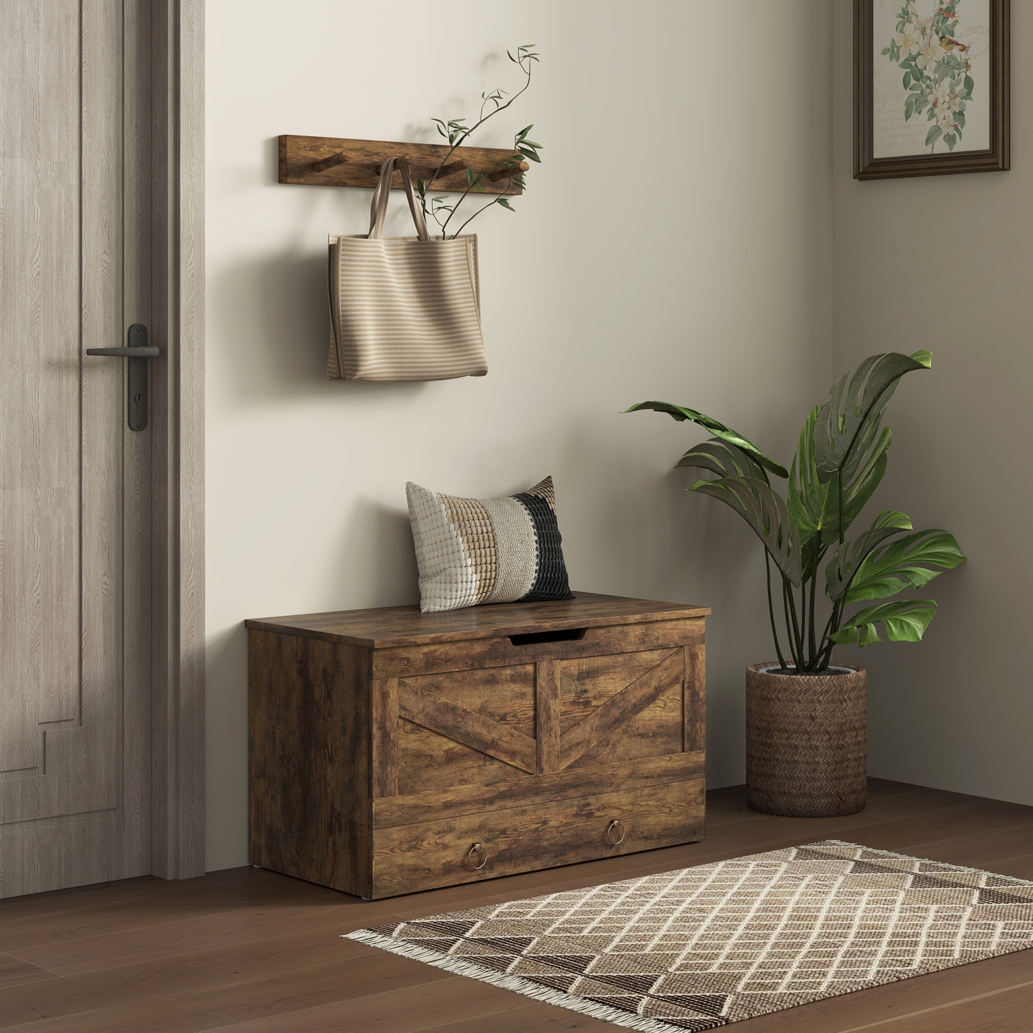 HOMCOM Storage Chest with Drawer, Storage Bench with 2 Safety Hinges and U-shaped Cut-out Pull for Living Room, Entryway, 31.5" x 15.7" x 17.7",