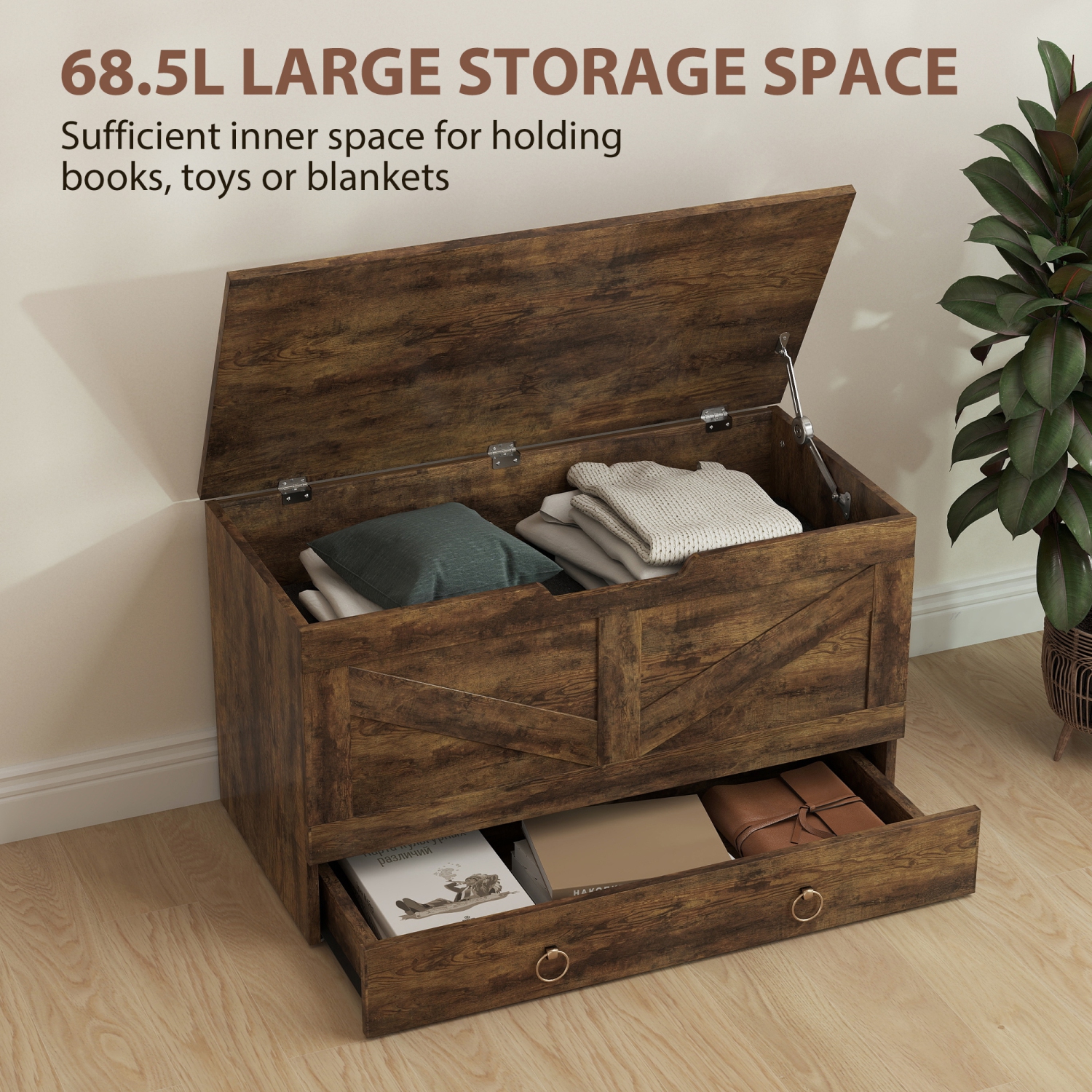 HOMCOM Storage Chest with Drawer, Storage Bench with 2 Safety Hinges and U-shaped Cut-out Pull for Living Room, Entryway, 31.5" x 15.7" x 17.7",