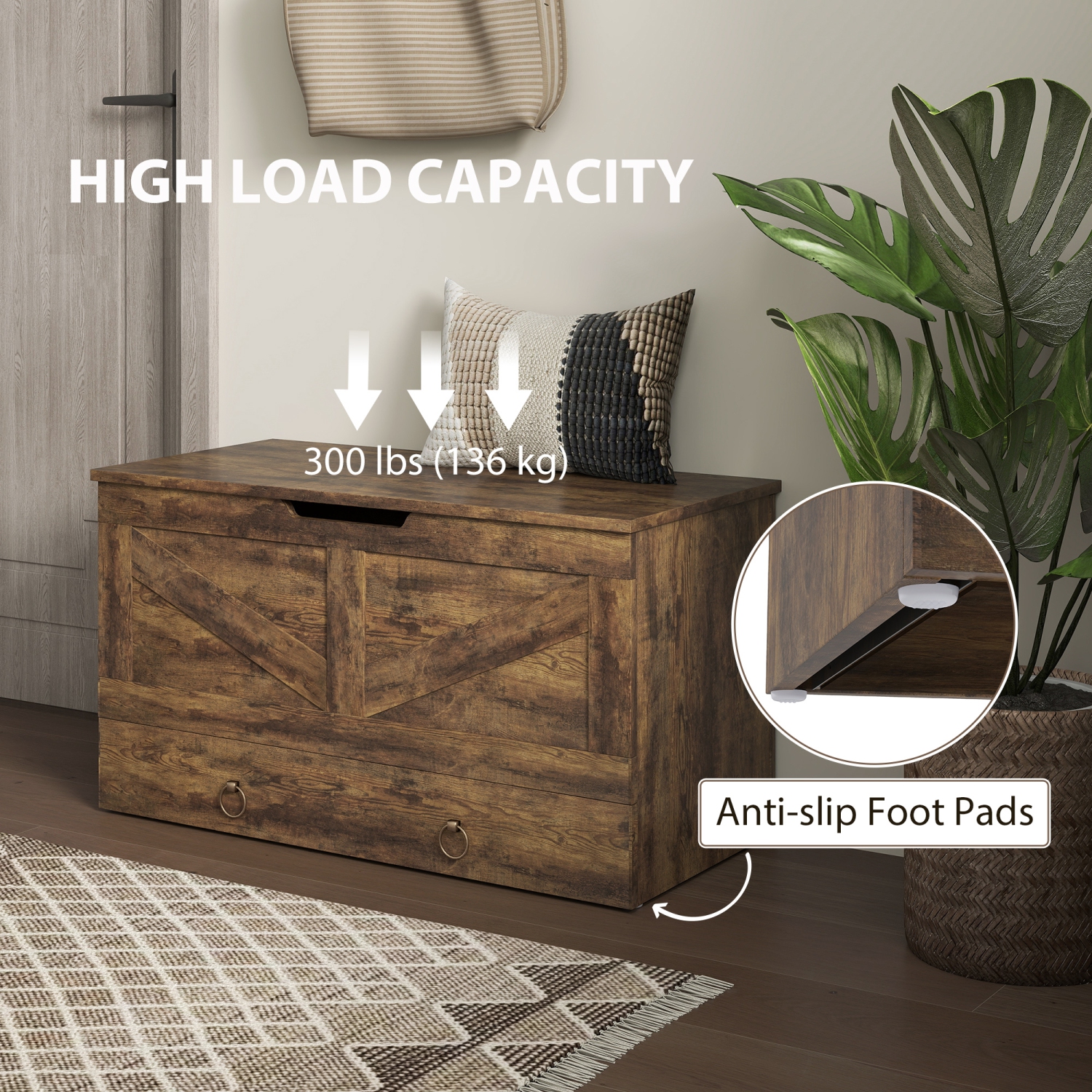 HOMCOM Storage Chest with Drawer, Storage Bench with 2 Safety Hinges and U-shaped Cut-out Pull for Living Room, Entryway, 31.5" x 15.7" x 17.7",