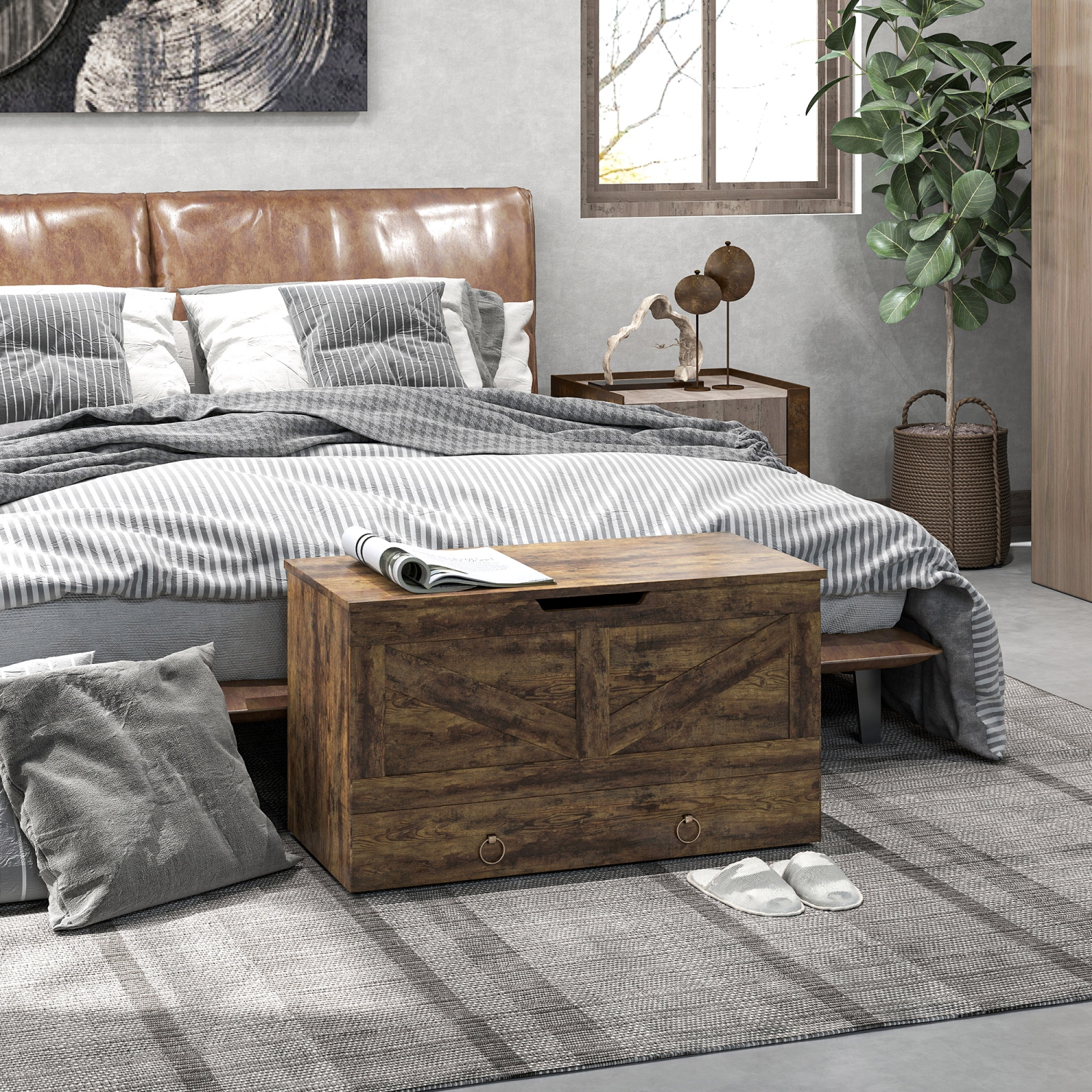 HOMCOM Storage Chest with Drawer, Storage Bench with 2 Safety Hinges and U-shaped Cut-out Pull for Living Room, Entryway, 31.5" x 15.7" x 17.7",