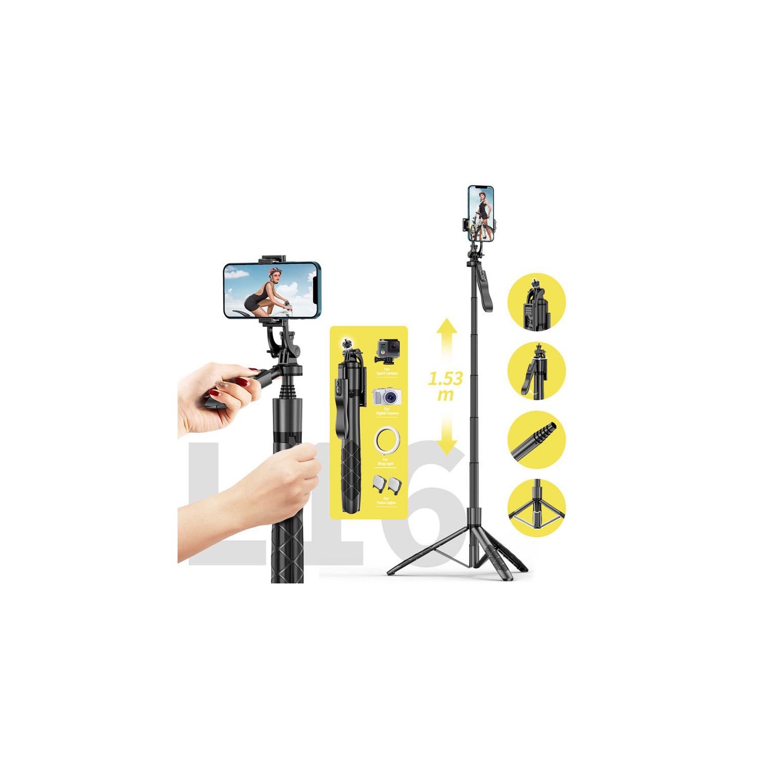 Mobile phone selfie stick floor-standing, live broadcast anti-shake telescopic tripod, mobile phone photography artifact, L16, 1.53 meters, axis