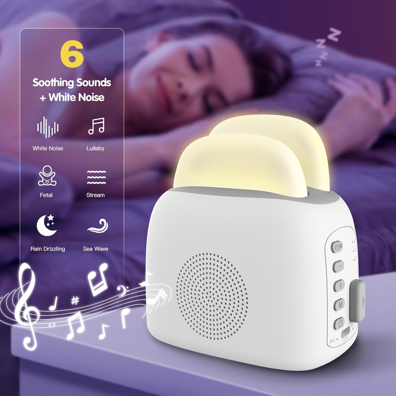 Veilleuse à bruit blanc de bébé 3 en 1 avec haut-parleur Bluetooth, minuterie, appareil sonore de lampe de chevet multifonction pour chambre à coucher