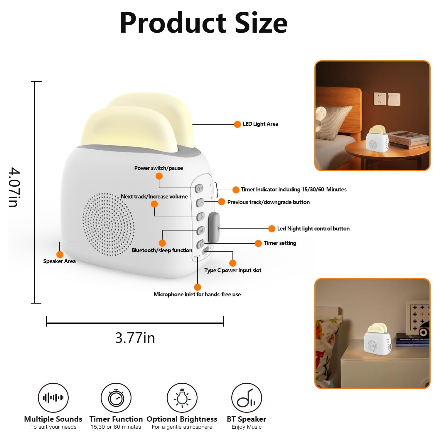 Veilleuse à bruit blanc de bébé 3 en 1 avec haut-parleur Bluetooth, minuterie, appareil sonore de lampe de chevet multifonction pour chambre à coucher