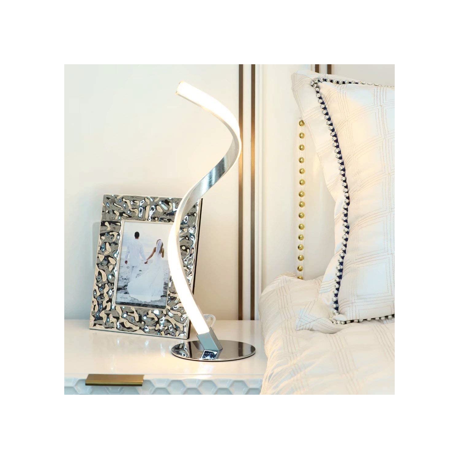 Lampe de table moderne en spirale, lampe de bureau tactile de 3 couleurs pour le bureau de la chambre à coucher, lampe de chevet argentée, lampe