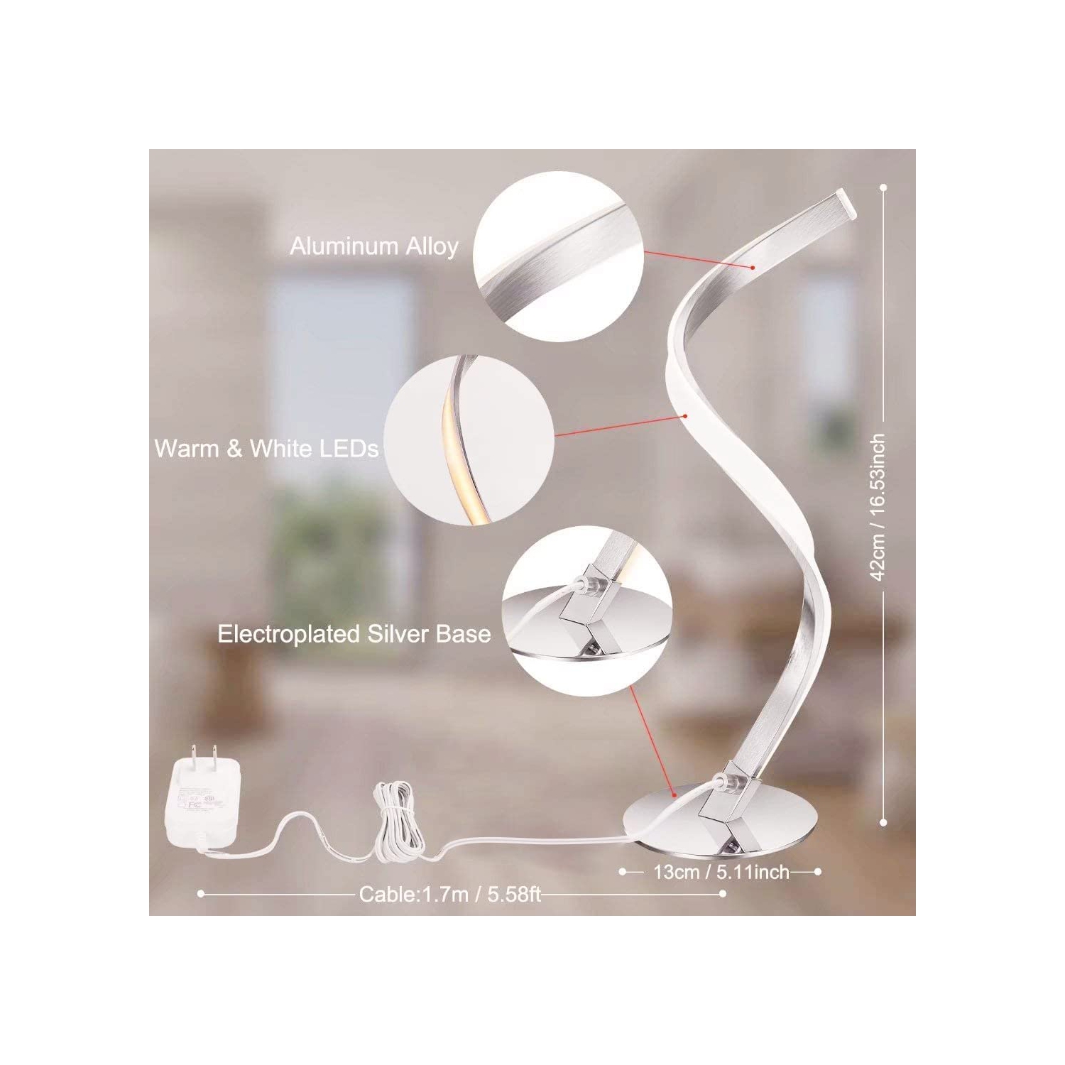 Lampe de table moderne en spirale, lampe de bureau tactile de 3 couleurs pour le bureau de la chambre à coucher, lampe de chevet argentée, lampe