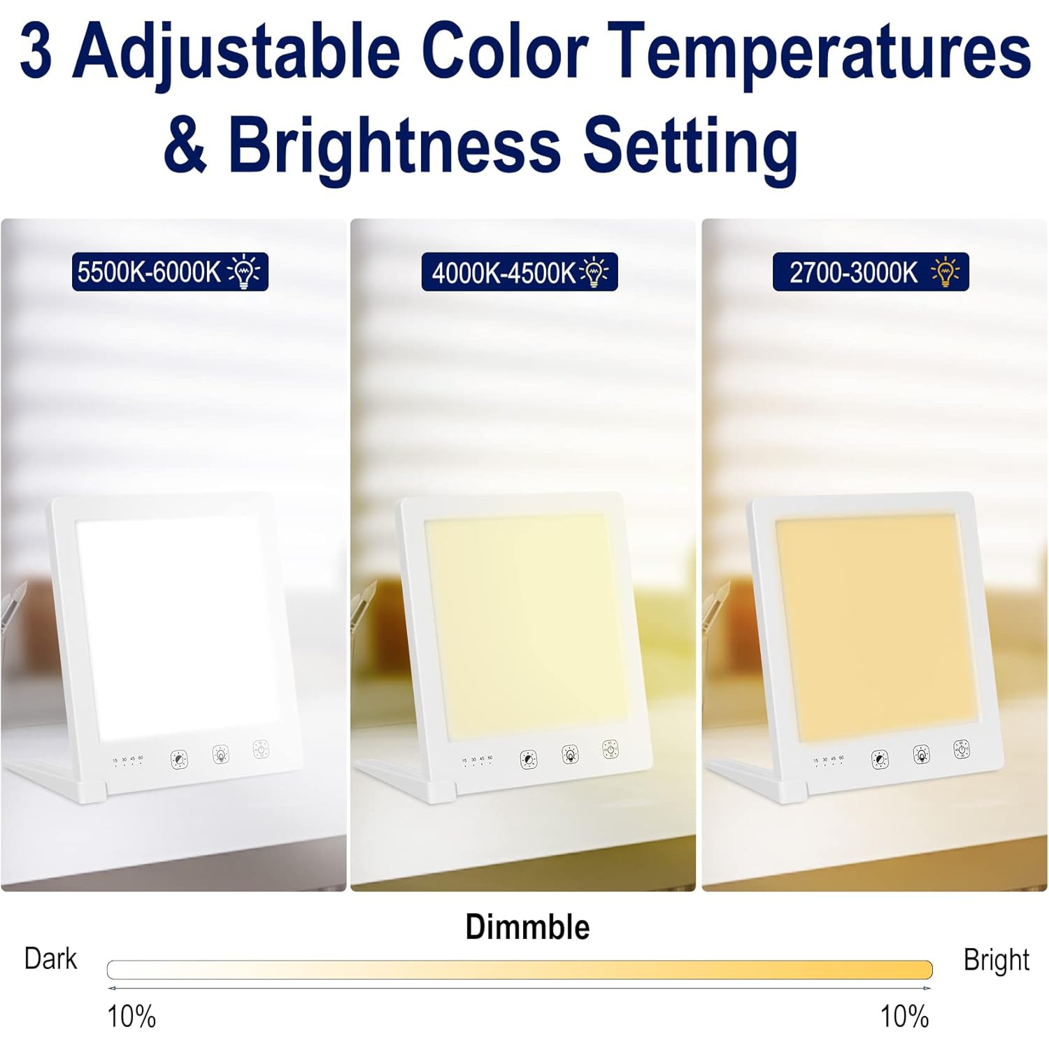 Lampe de luminothérapie, lumière de thérapie sans UV de 10000 lux, lampe solaire avec 3 température de couleur, lumière heureuse pour le bureau à